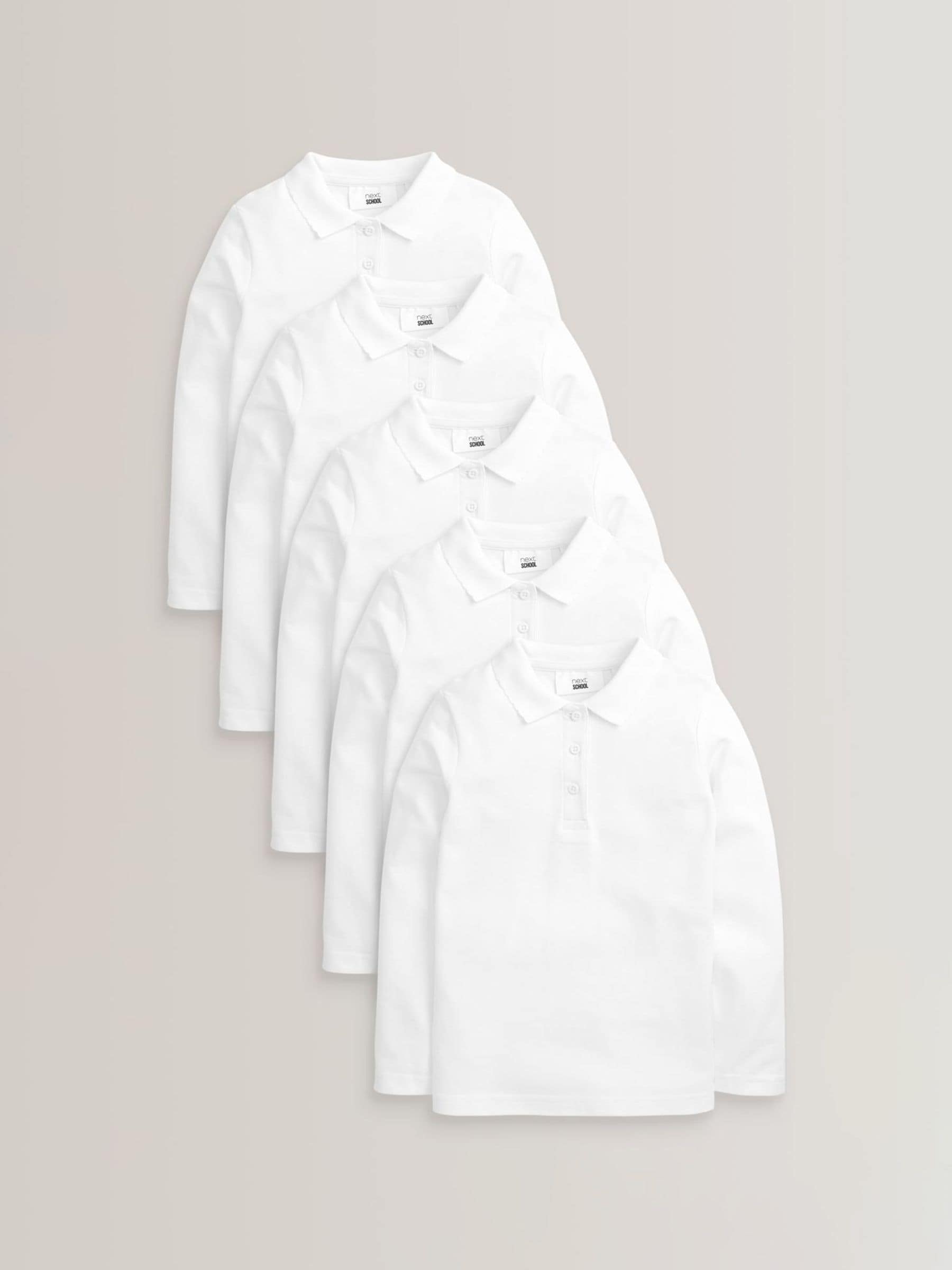 White Regular Fit 5 Pack 100% Cotton Long Sleeve School Polo Shirts (3-16yrs)