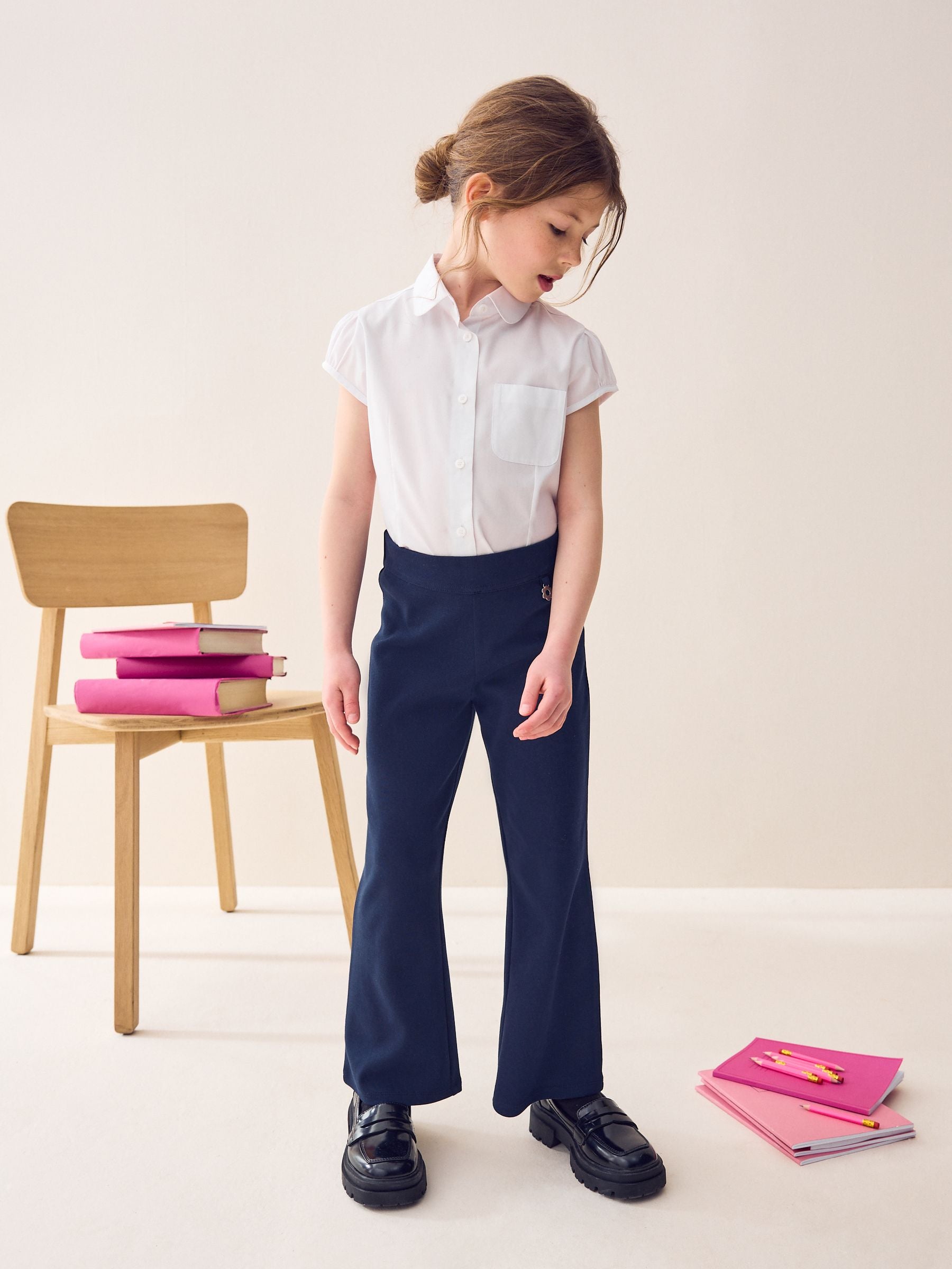 Navy Blue Regular Length Pull-On Cotton Rich Stretch Boot Cut School Trousers (3-16yrs)