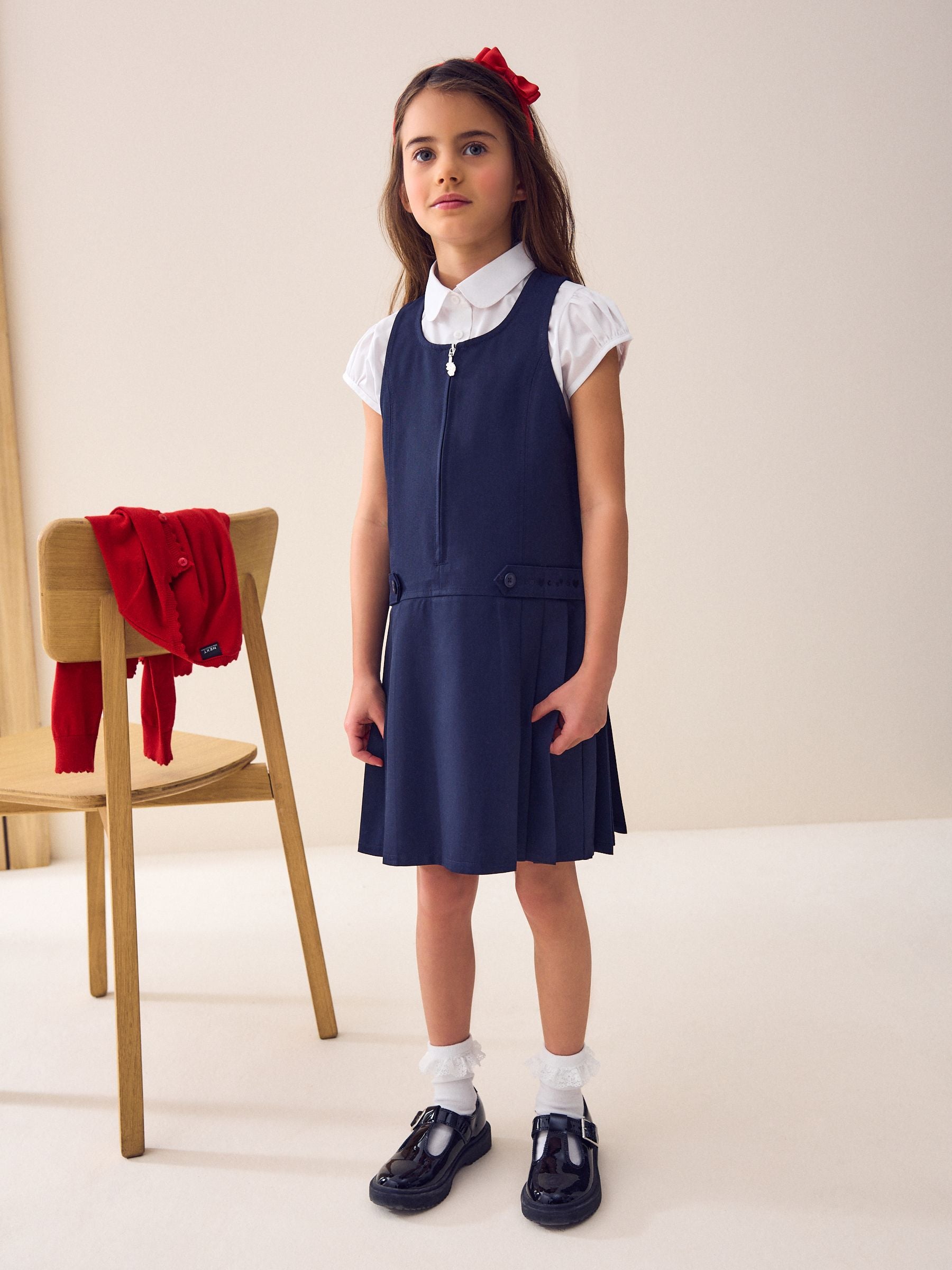 Navy Embroidered Zip Front Pinafore School Dress (3-14yrs)