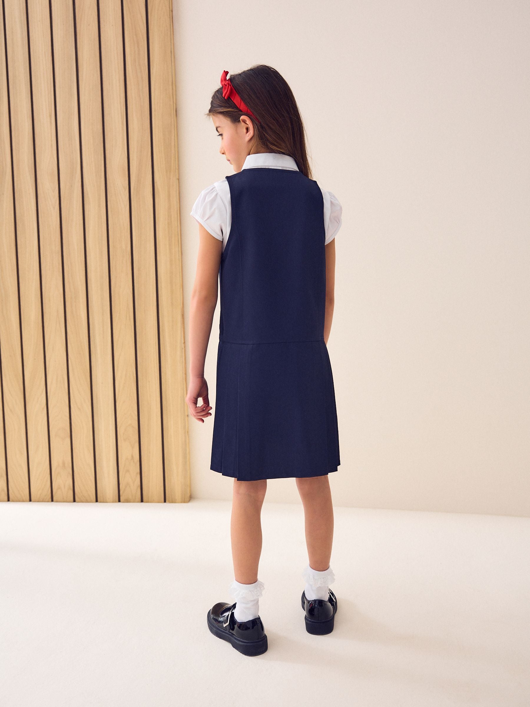 Navy Embroidered Zip Front Pinafore School Dress (3-14yrs)