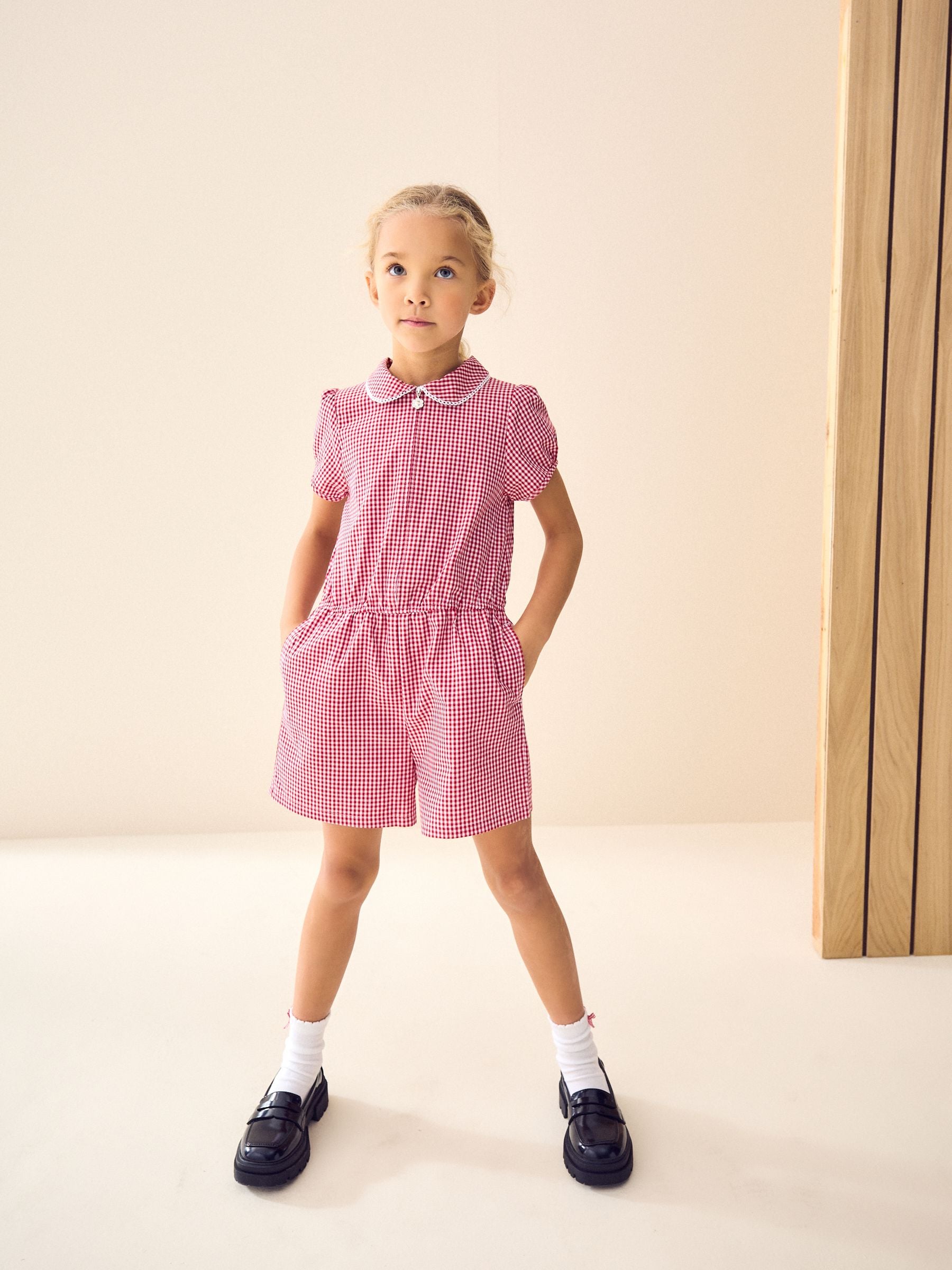 Red Zip Front Cotton Rich Gingham School Playsuit (3-14yrs)