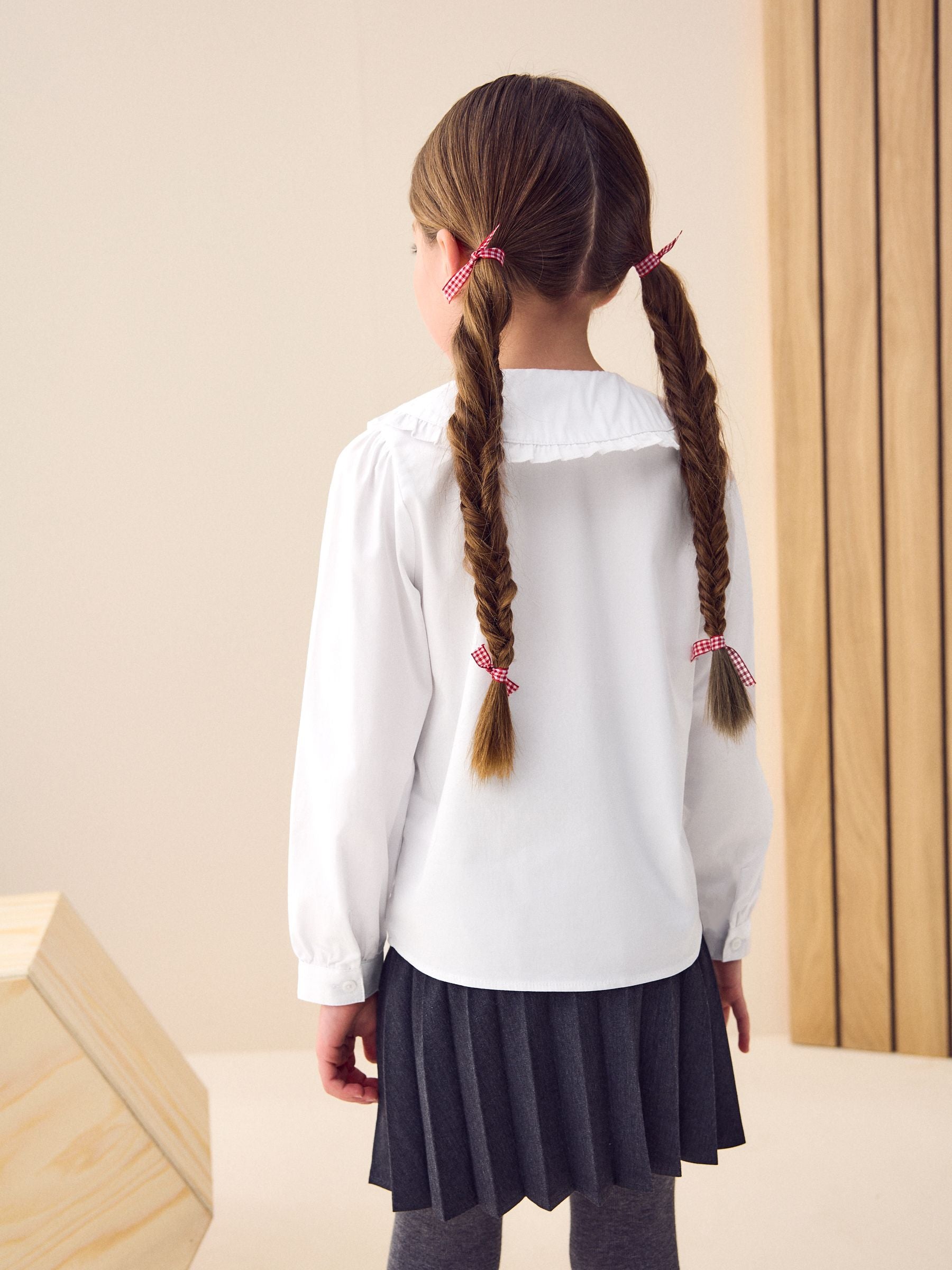 White Long Sleeve Lace Trim School Blouse (3-14yrs)
