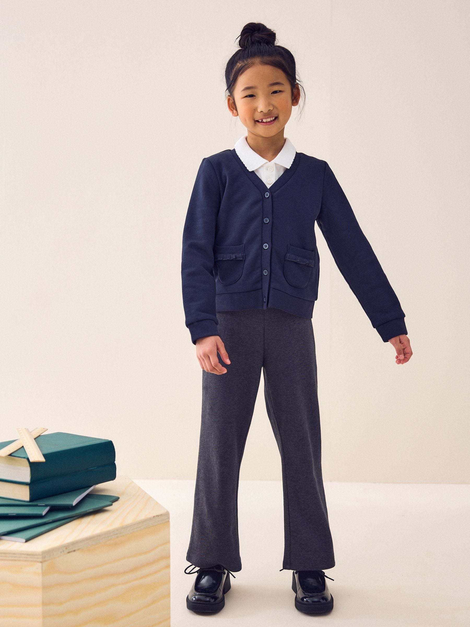 Navy Blue Cotton Rich Frill Pocket Jersey School Cardigan (3-16yrs)
