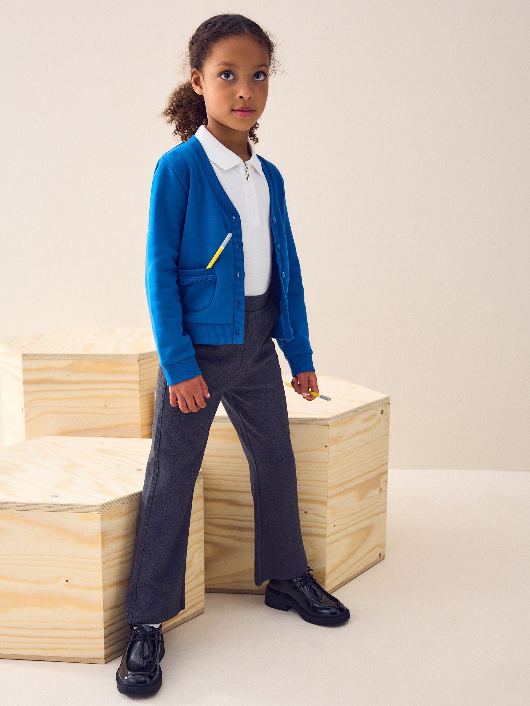 Blue Cotton Rich Frill Pocket Jersey School Cardigan (3-16yrs)