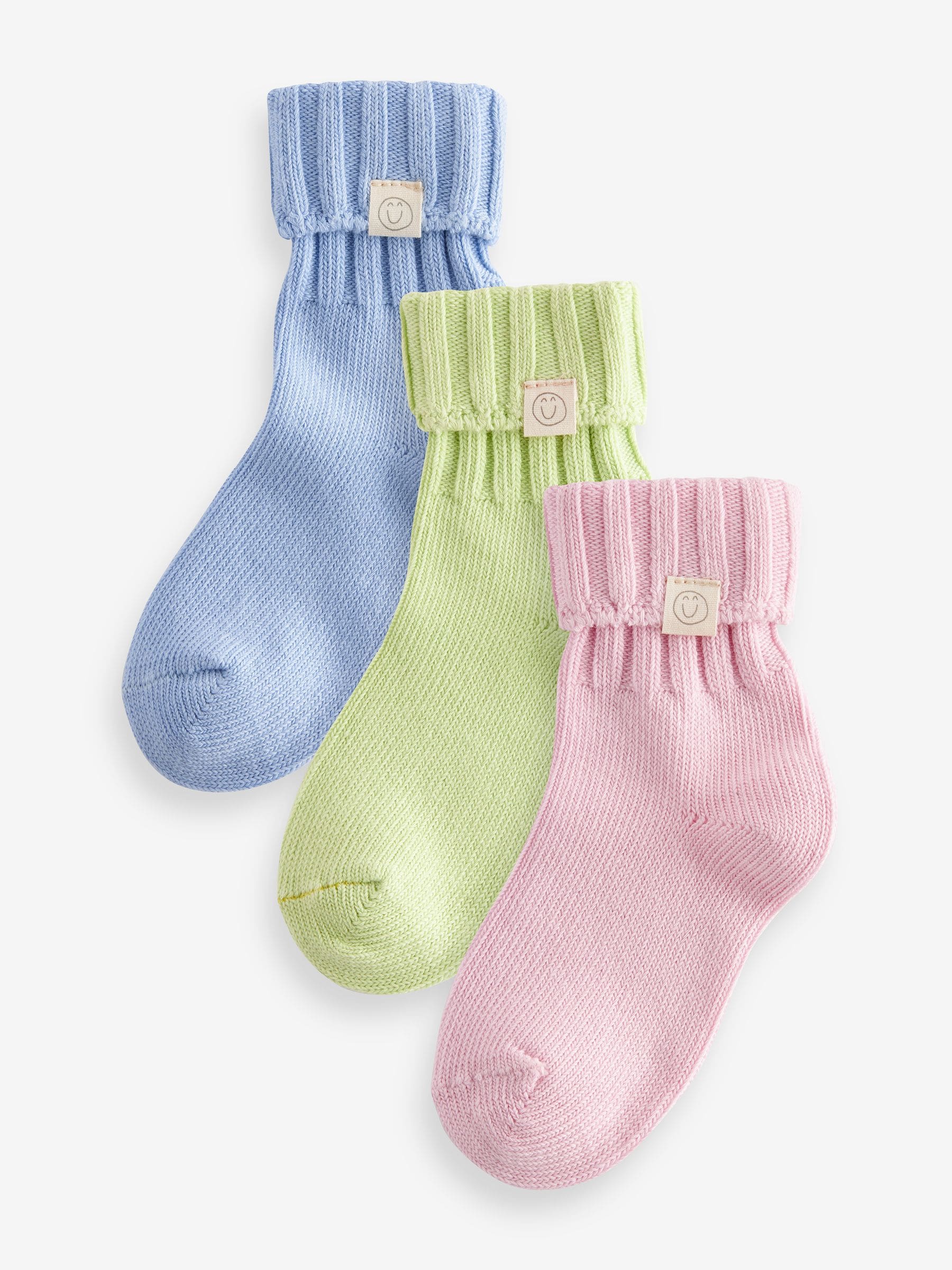 PInk, Blue and Green 3 Pack Cotton Rich Roll Top Ankle Socks
