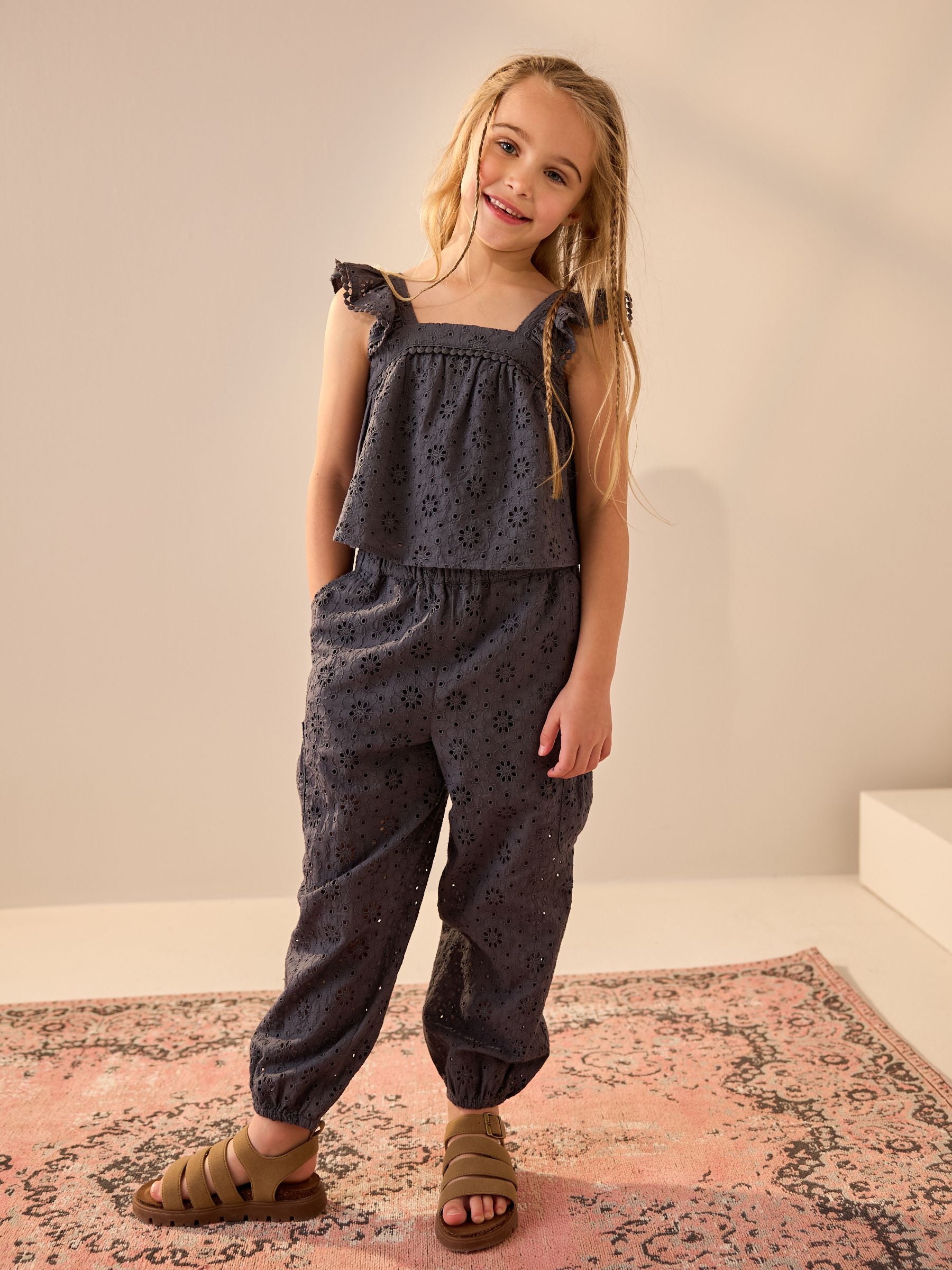 Charcoal Grey Broderie 100% Cotton Top and Trousers Set (3-16yrs)