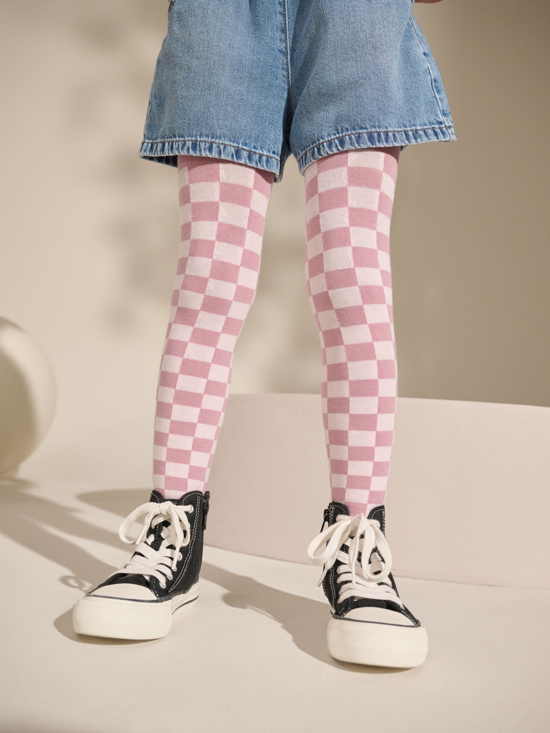 Pink Cotton Rich Checkerboard Tights