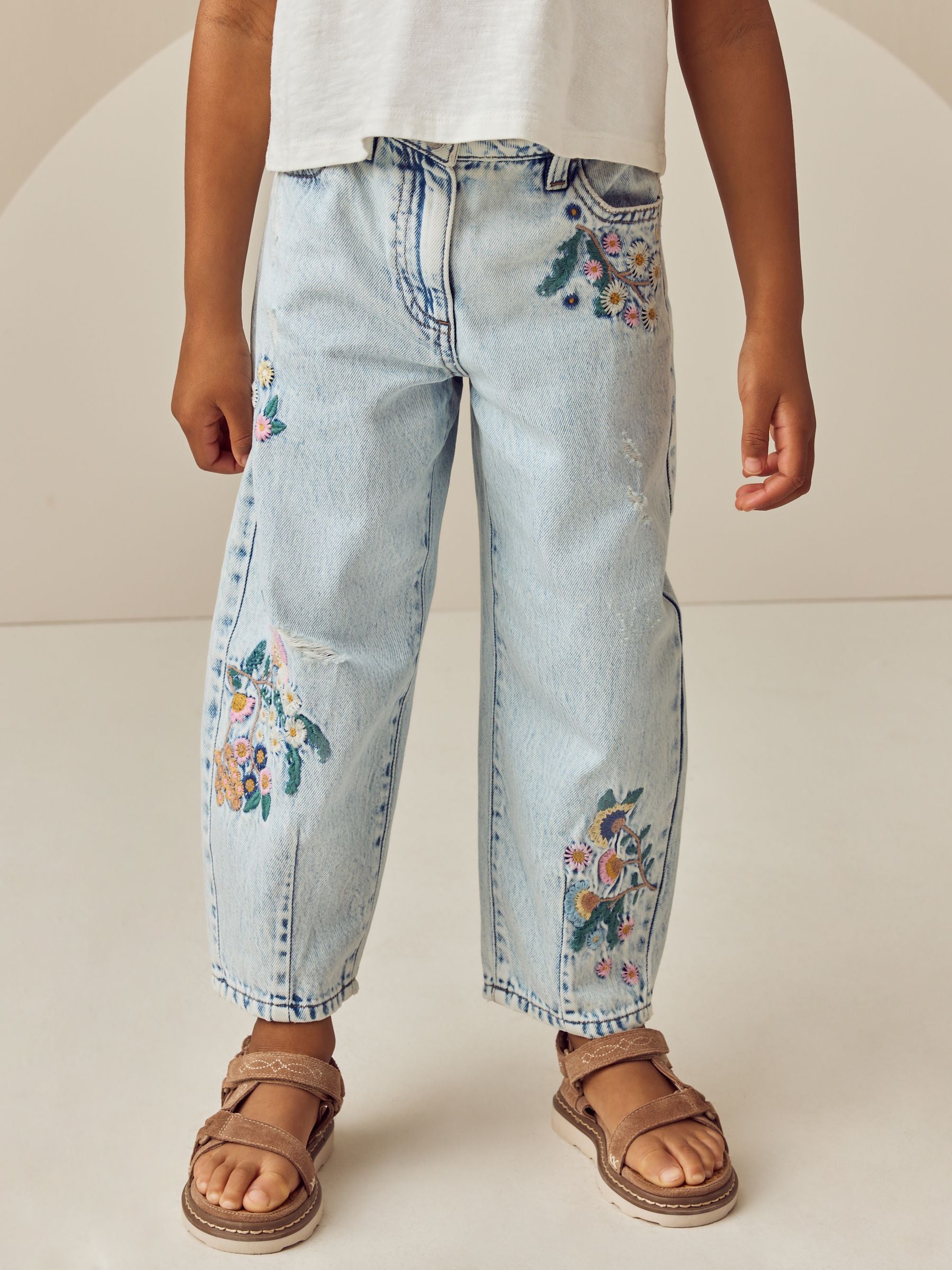 Light Blue Denim 100% Cotton Flower Embroidered Barrel Jeans (3-16yrs)