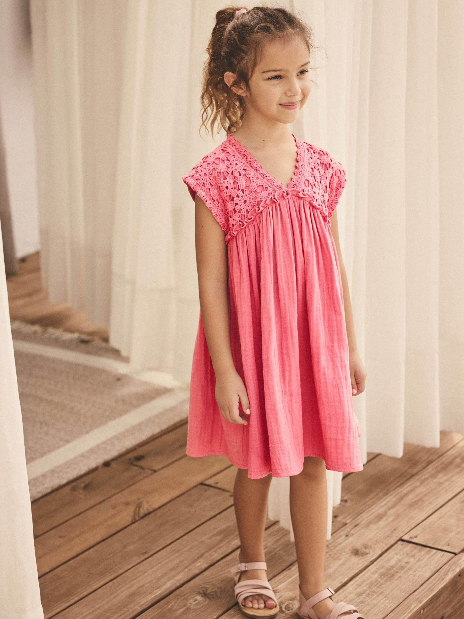 Pink Crochet Trim Summer Dress (3-16yrs)