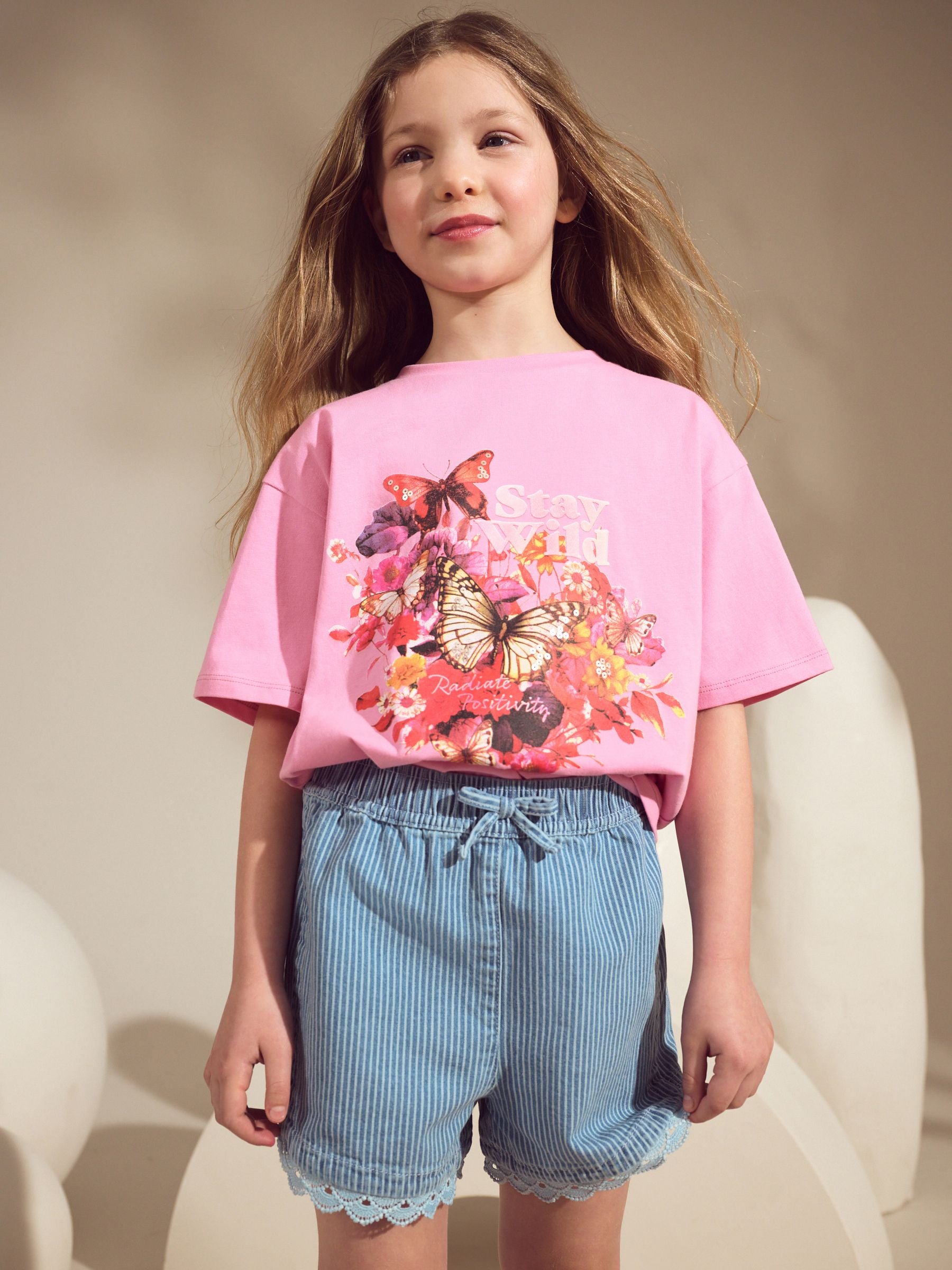 Pink/Blue Butterfly 100% Cotton T-Shirt And Denim Short Set (3-16yrs)