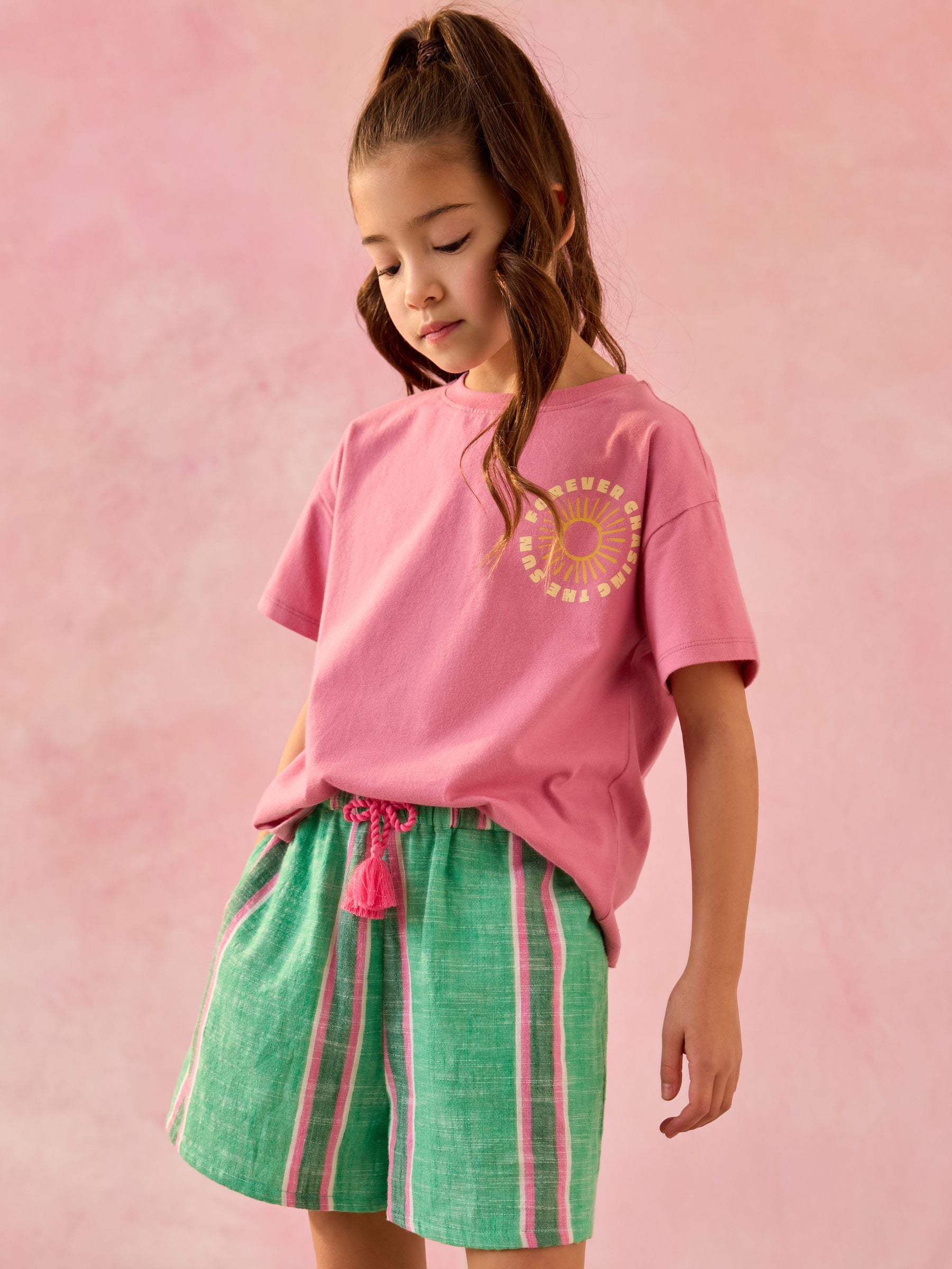 Green/Pink 100% Cotton Tie Waist Shorts (3-16yrs)