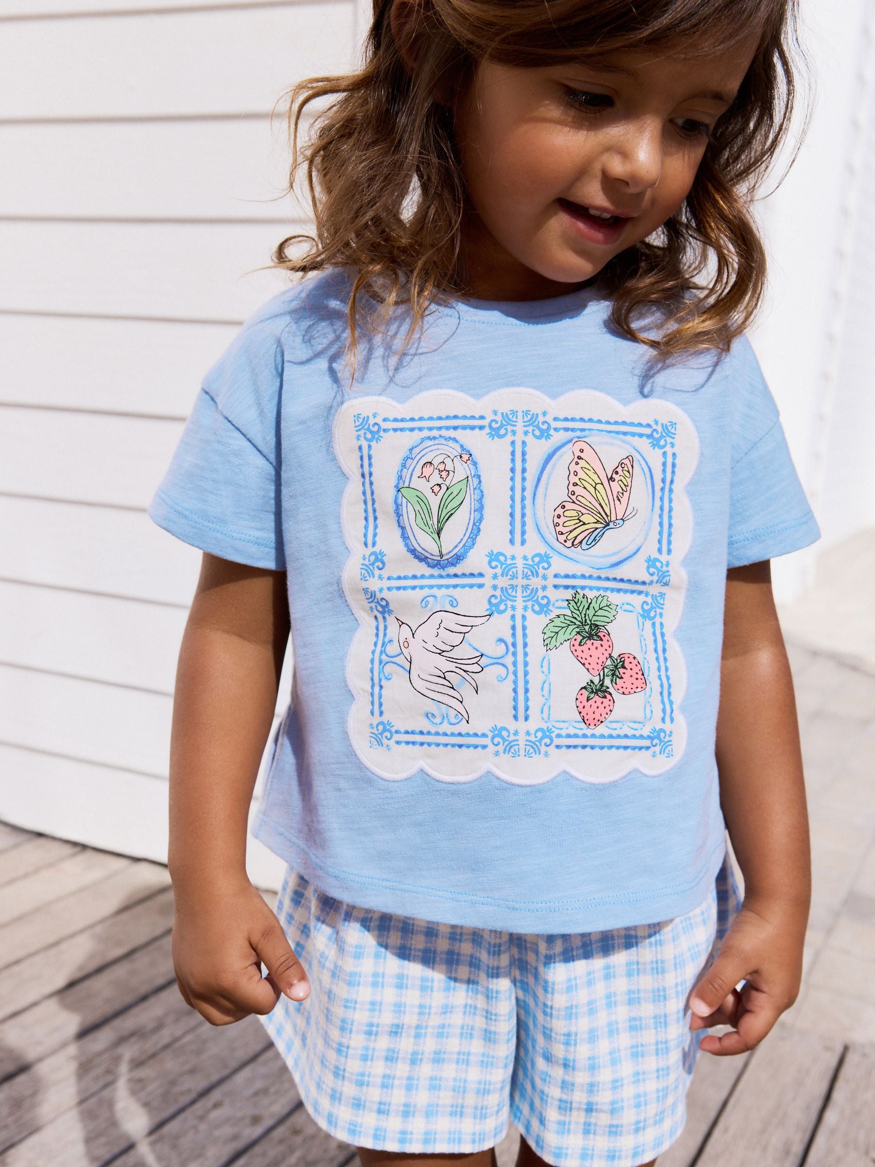 Blue Gingham Flowers Short Sleeve T-Shirt and Shorts Set (3mths-7yrs)
