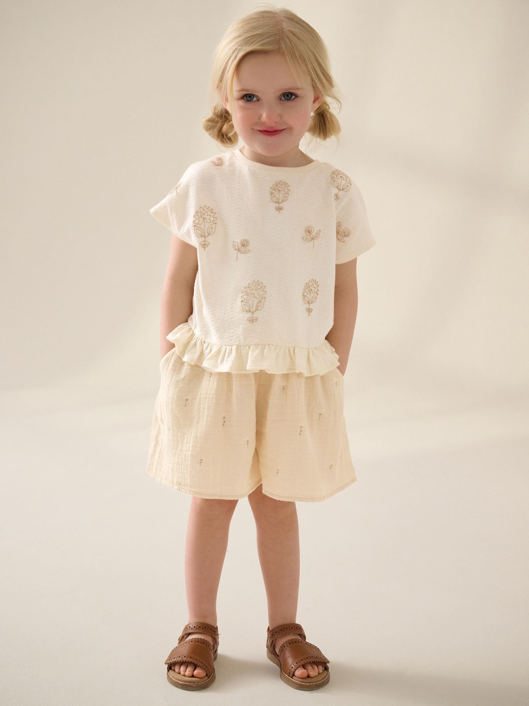 Cream Flower Embroidery Short Sleeve Frill Hem Top and Shorts Set (3mths-7yrs)