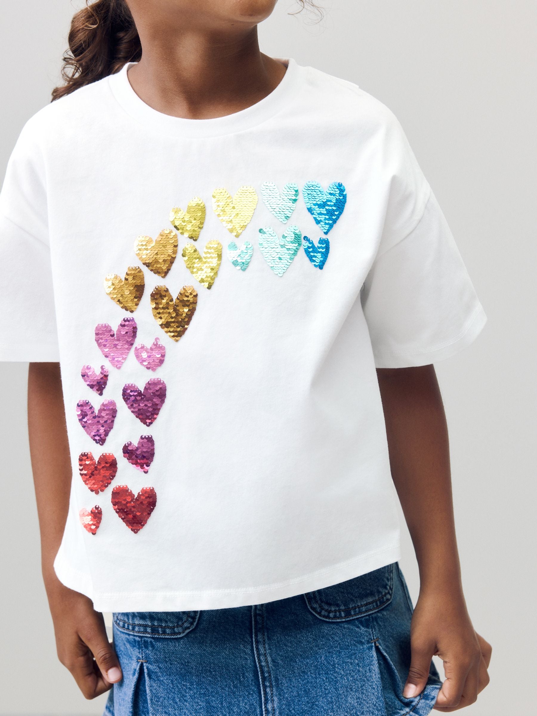 White Gold Sequin Heart Print T-Shirt (3-16yrs)