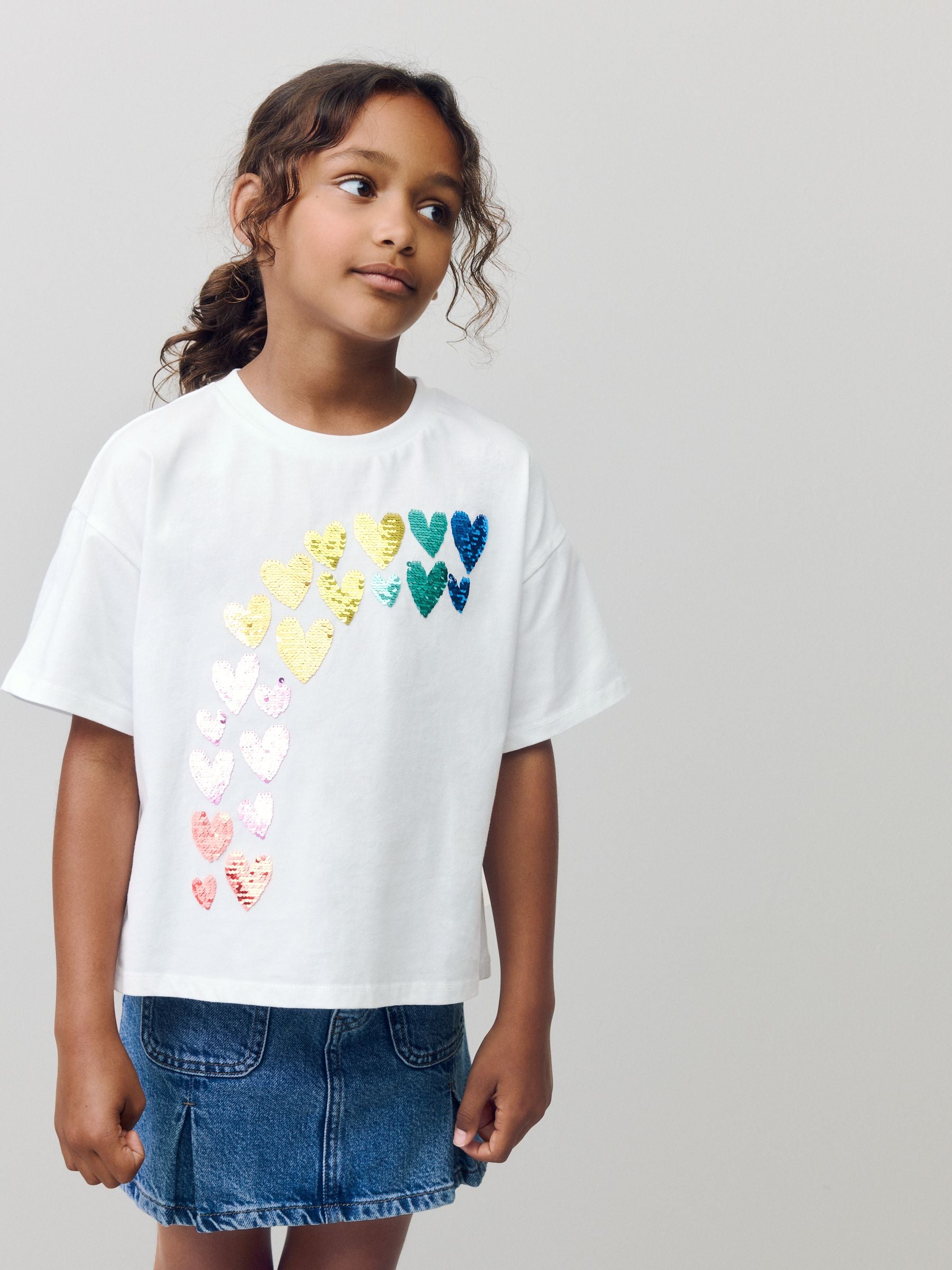 White Gold Sequin Heart Print T-Shirt (3-16yrs)