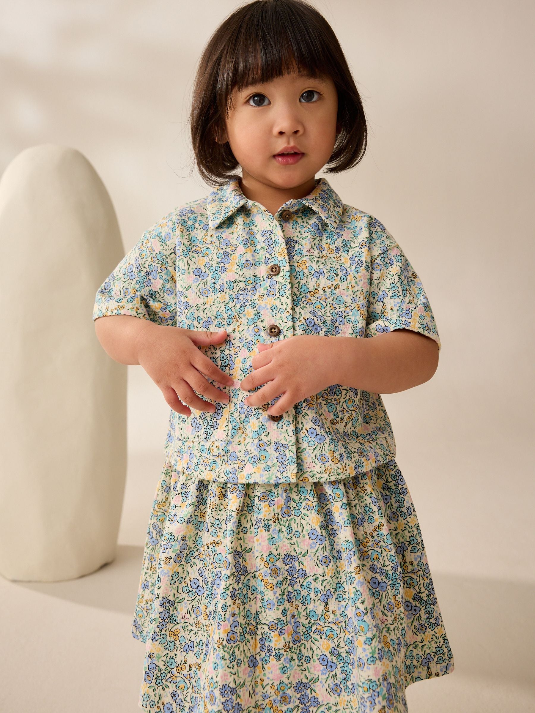 Blue/Ecru Floral 100% Cotton Top and Skirt Set (3mths-7yrs)