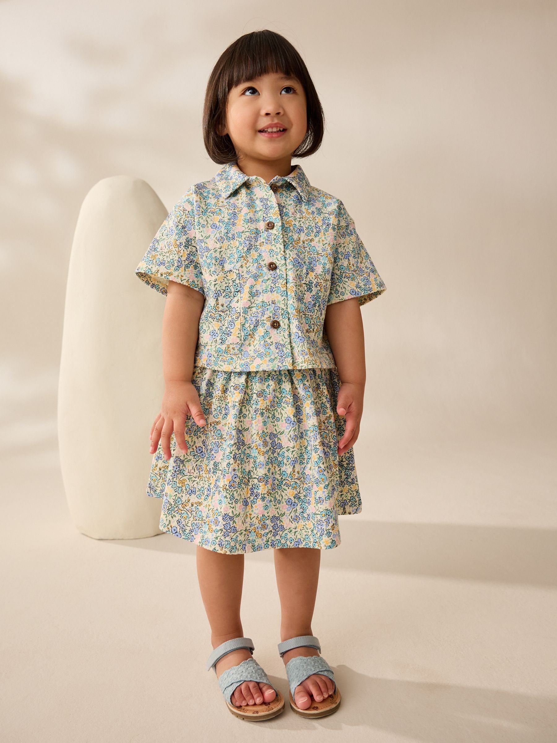 Blue/Ecru Floral 100% Cotton Top and Skirt Set (3mths-7yrs)