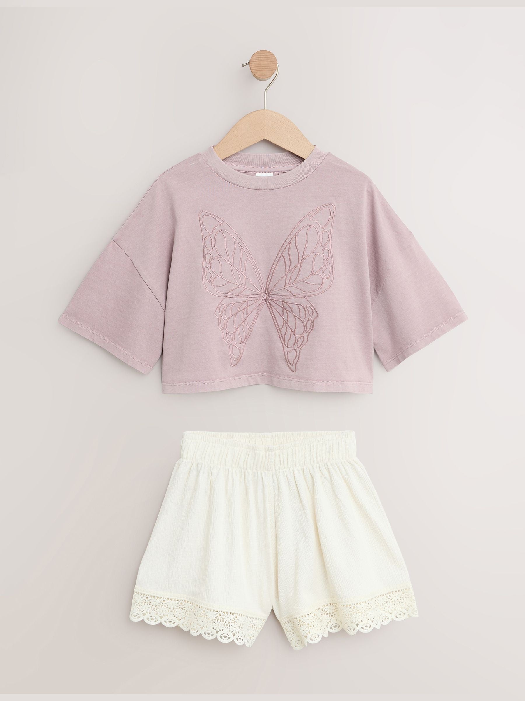 Dusky Purple Butterfly T-Shirt And Textured Shorts Set (3-16yrs)