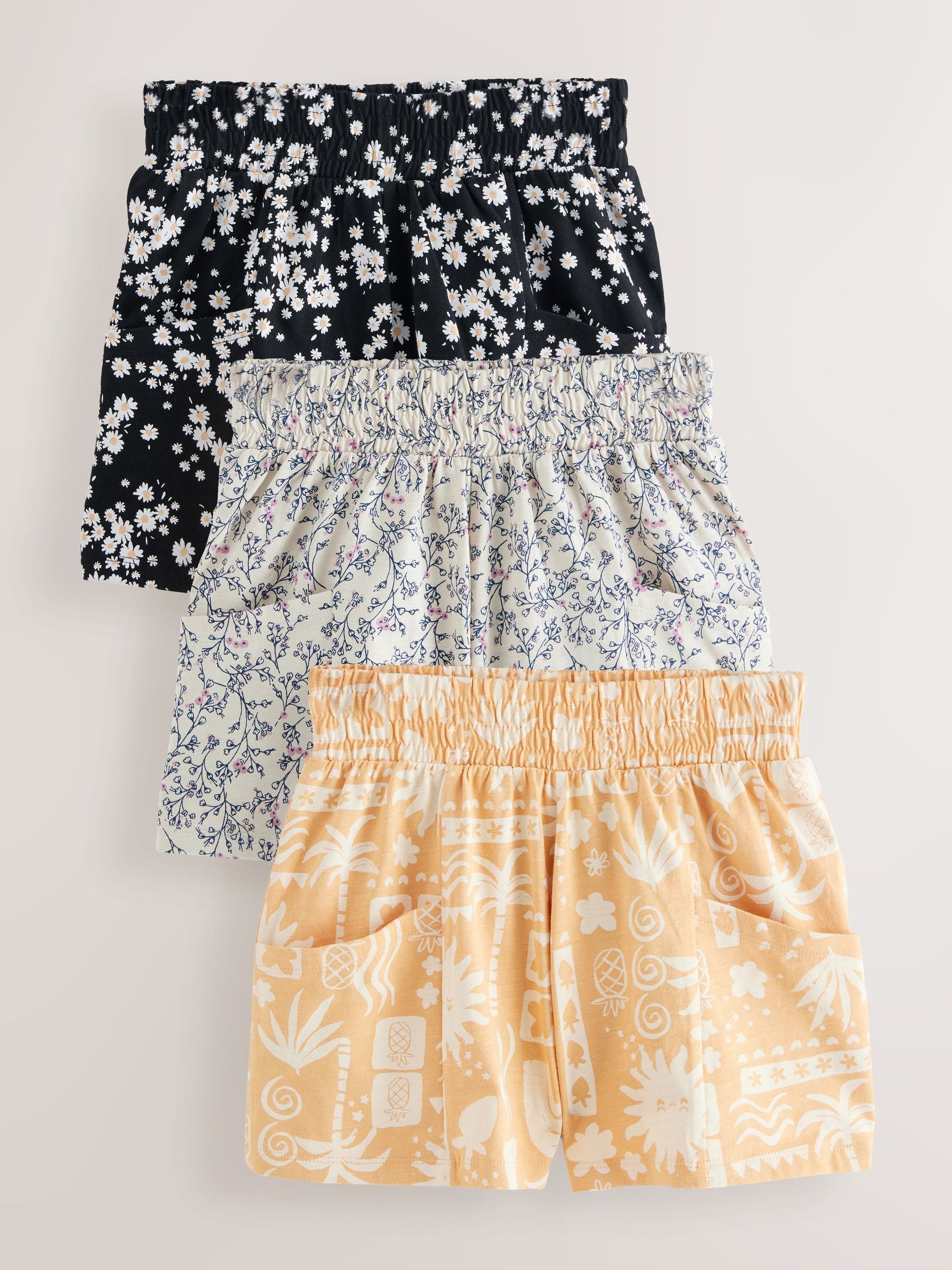 Monochrome/Ochre/Floral 100% Cotton Shorts 3 Pack (3-16yrs)