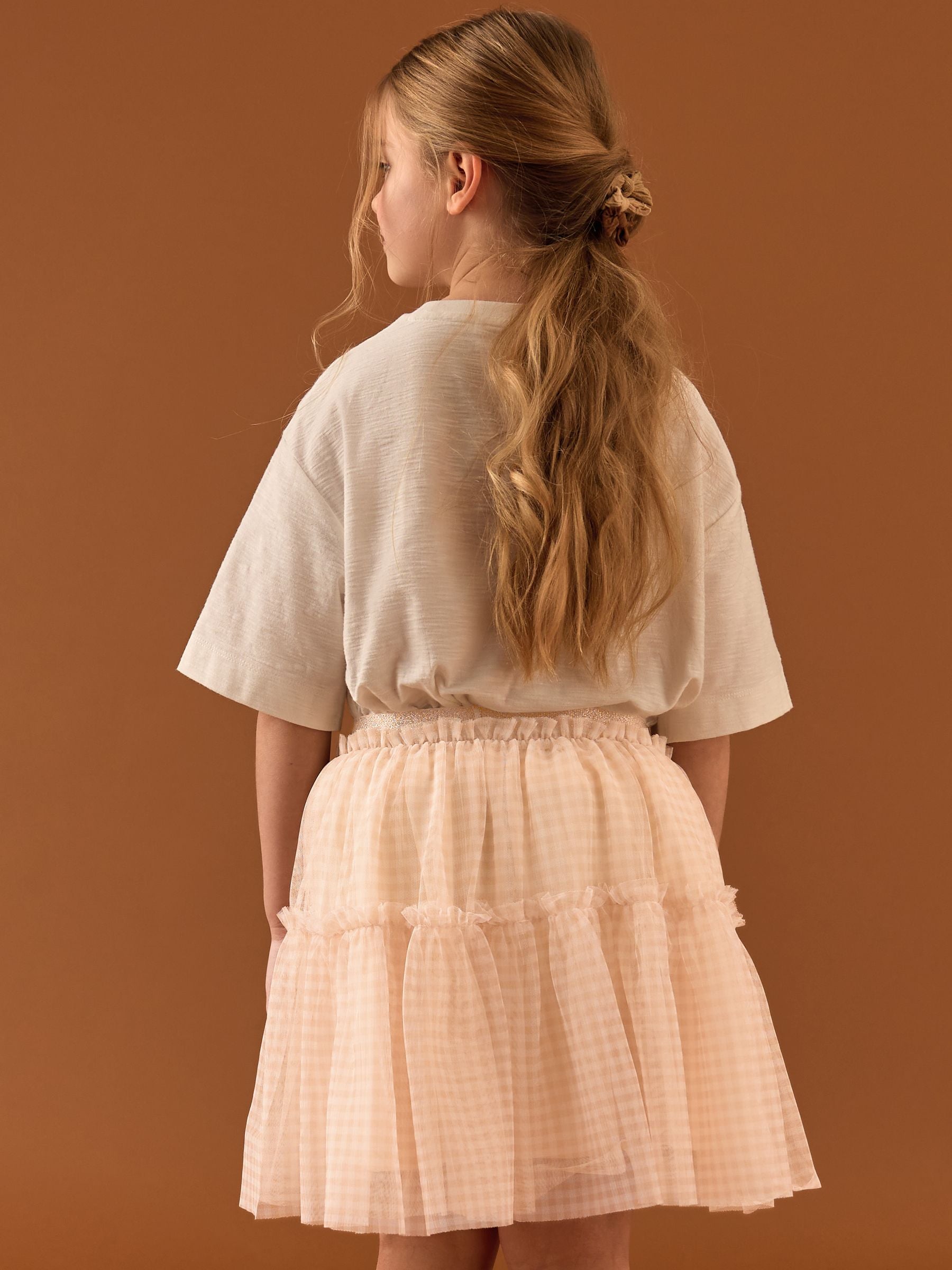 Neutral Gingham Print Mesh Skirt (3-16yrs)
