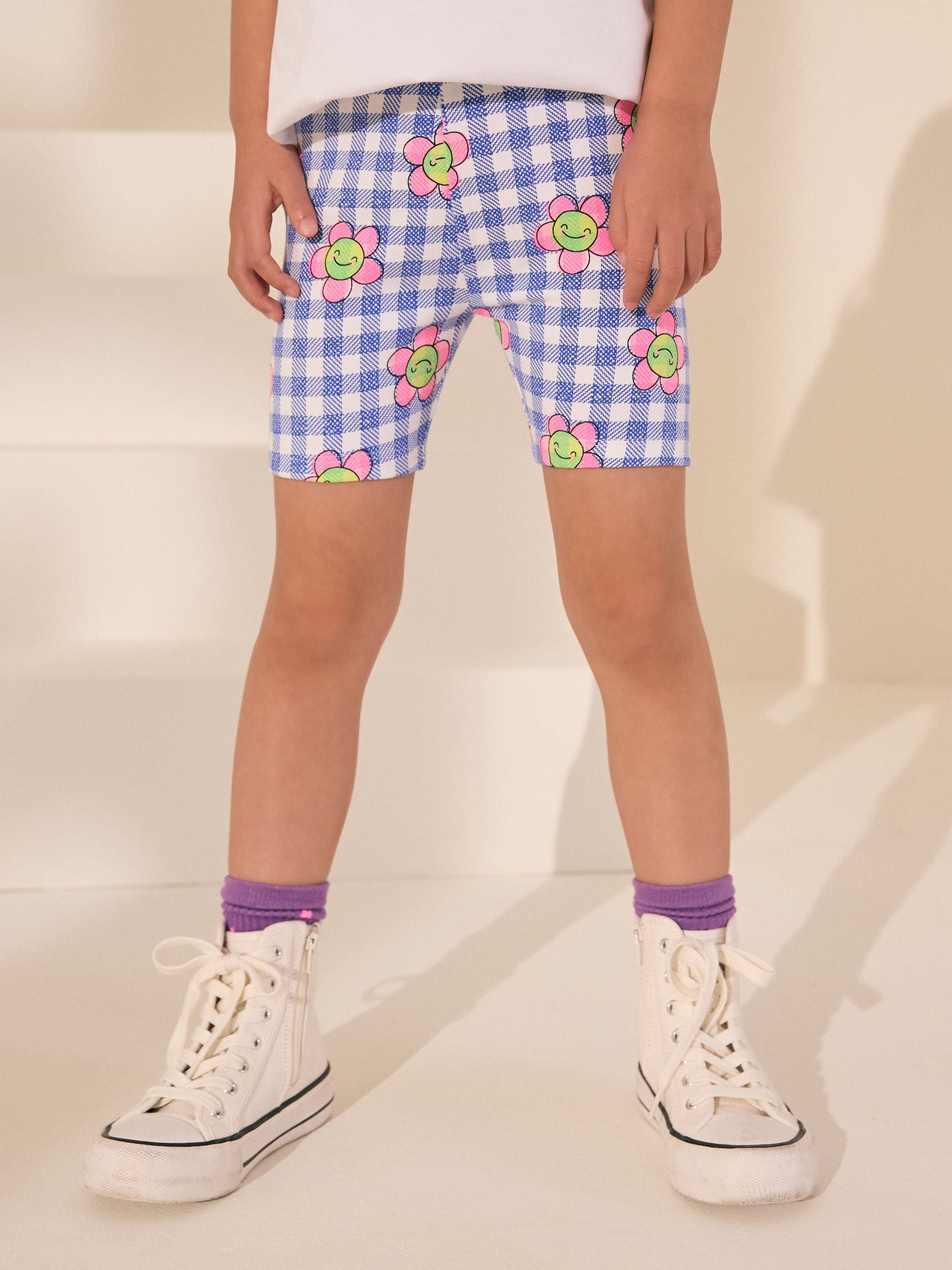 Blue Gingham Flower Cycle Shorts (3-16yrs)