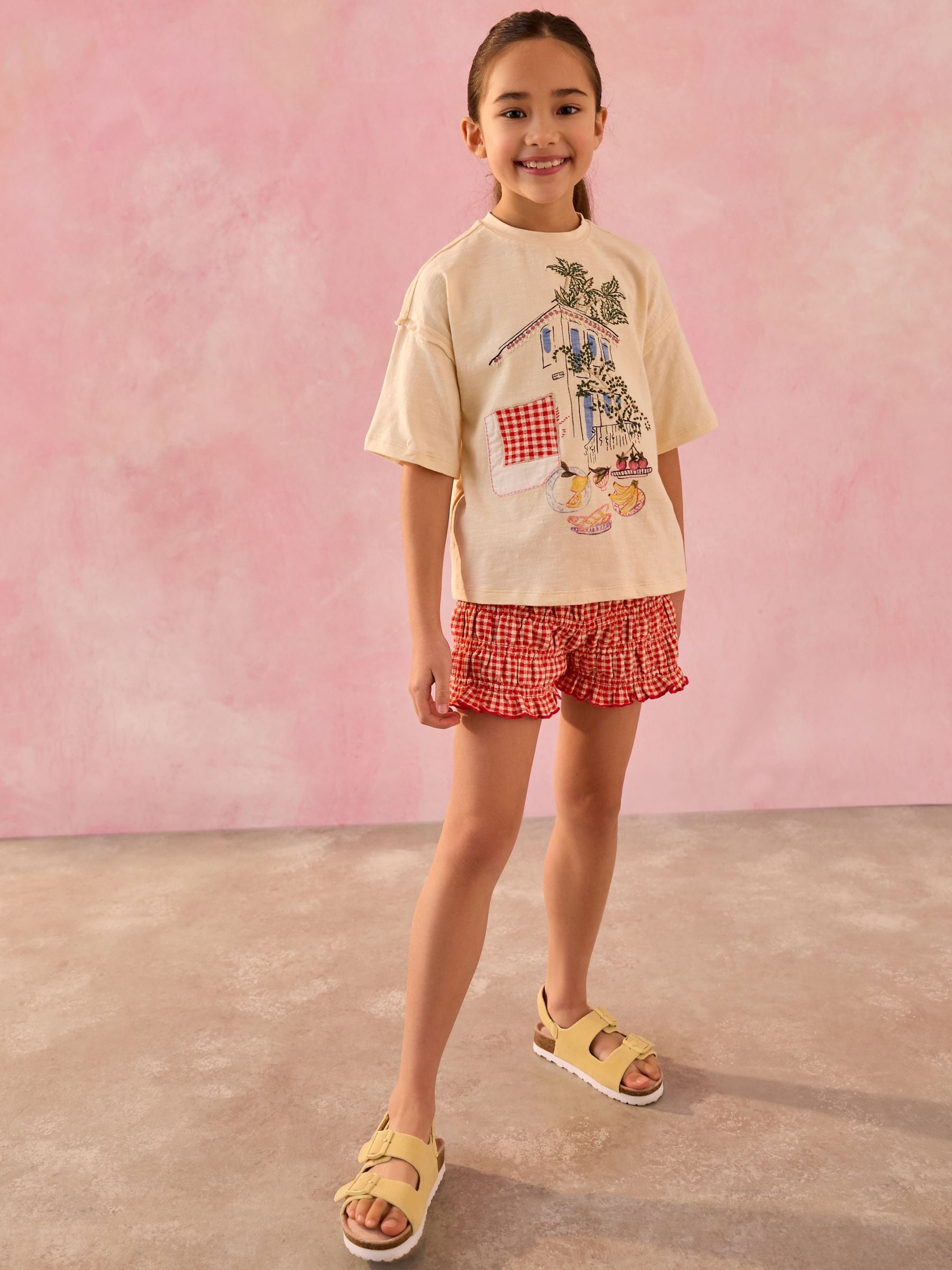 Ecru/Red Gingham Graphic T-Shirt and Bloomer Shorts Set (3-15yrs)