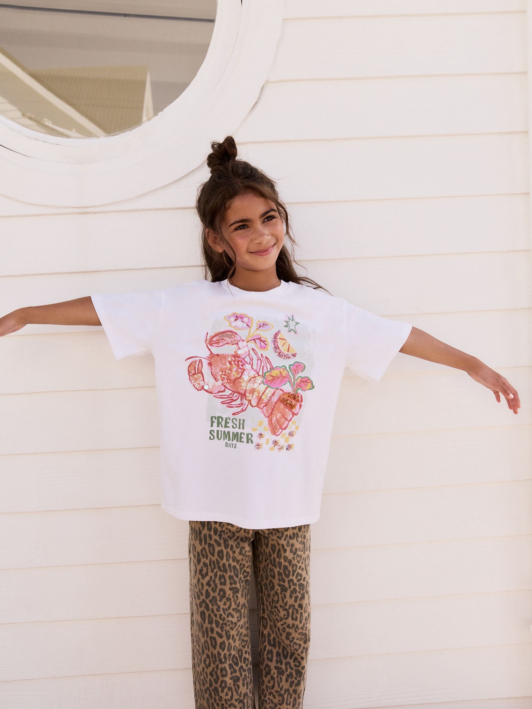 White Oversized Sequin Graphic Print T-Shirt (3-16yrs)