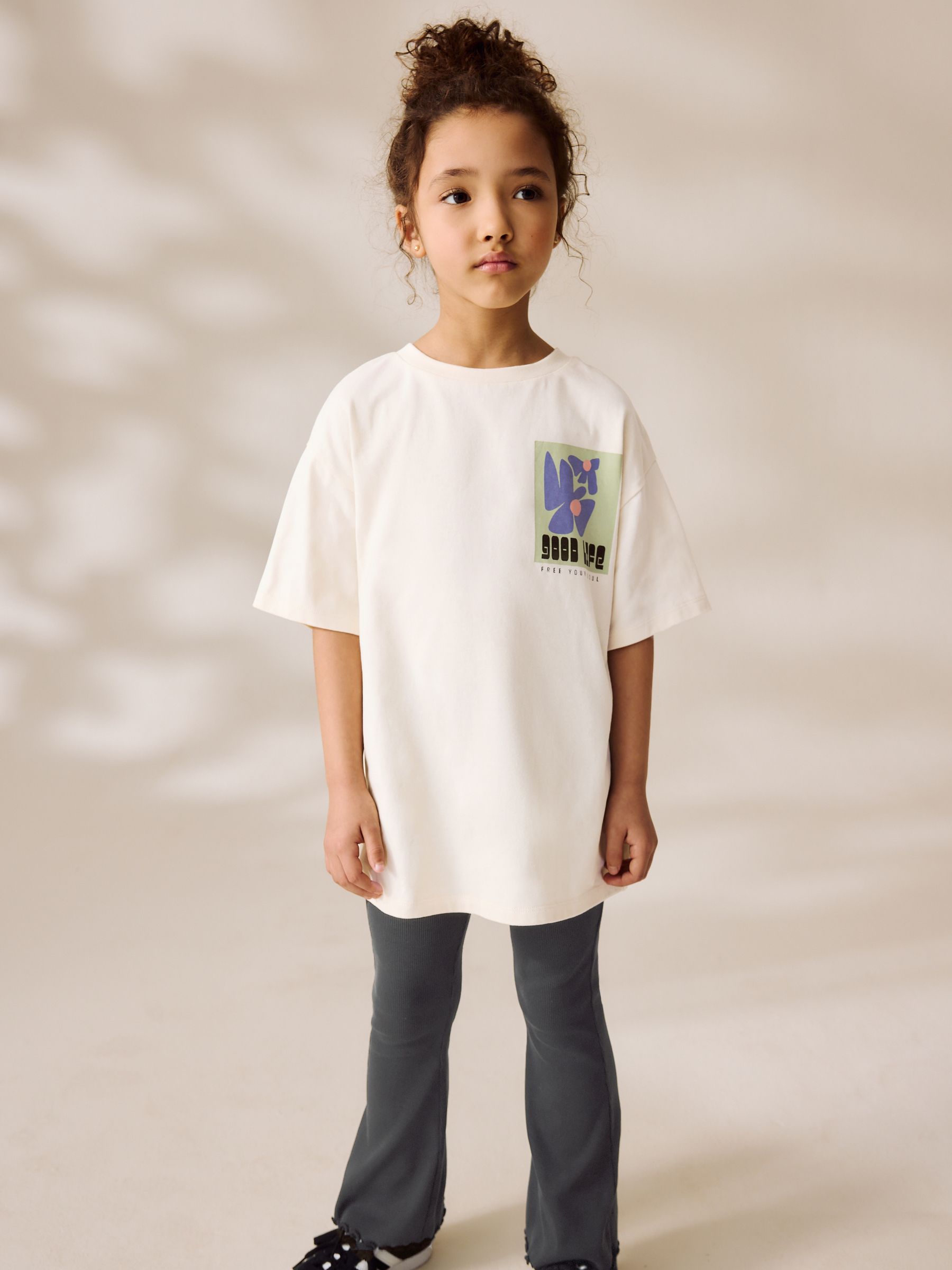 White Graphic T-Shirt and Ribbed Flare 100% Cotton Set (3-16yrs)