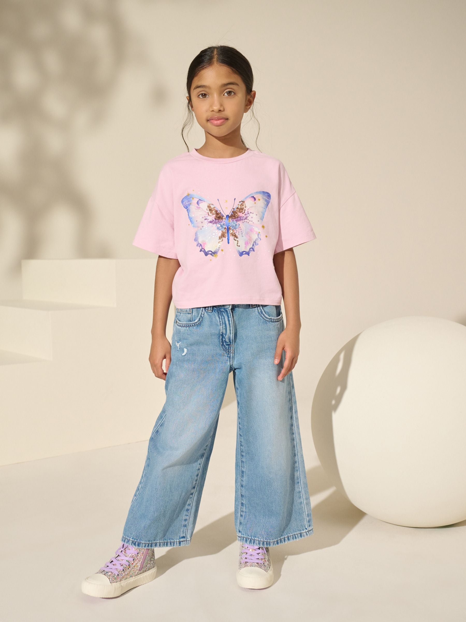 Purple/Aqua Sequin Butterfly Ruche Hem Side T-Shirts 3 Pack (3-16yrs)