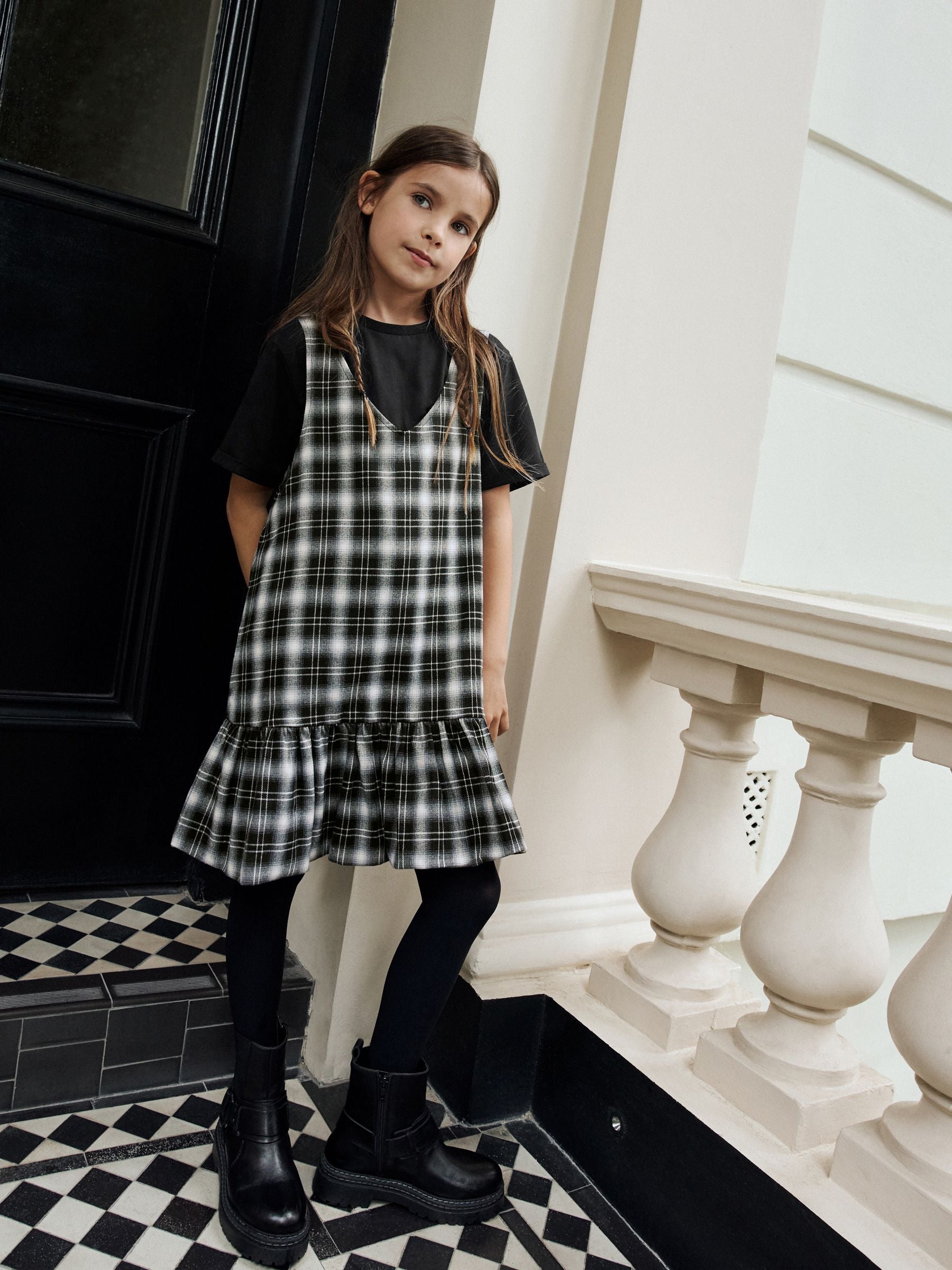 Black/White Check Ruffle Hem Pinafore and T-Shirt Set (3-16yrs)