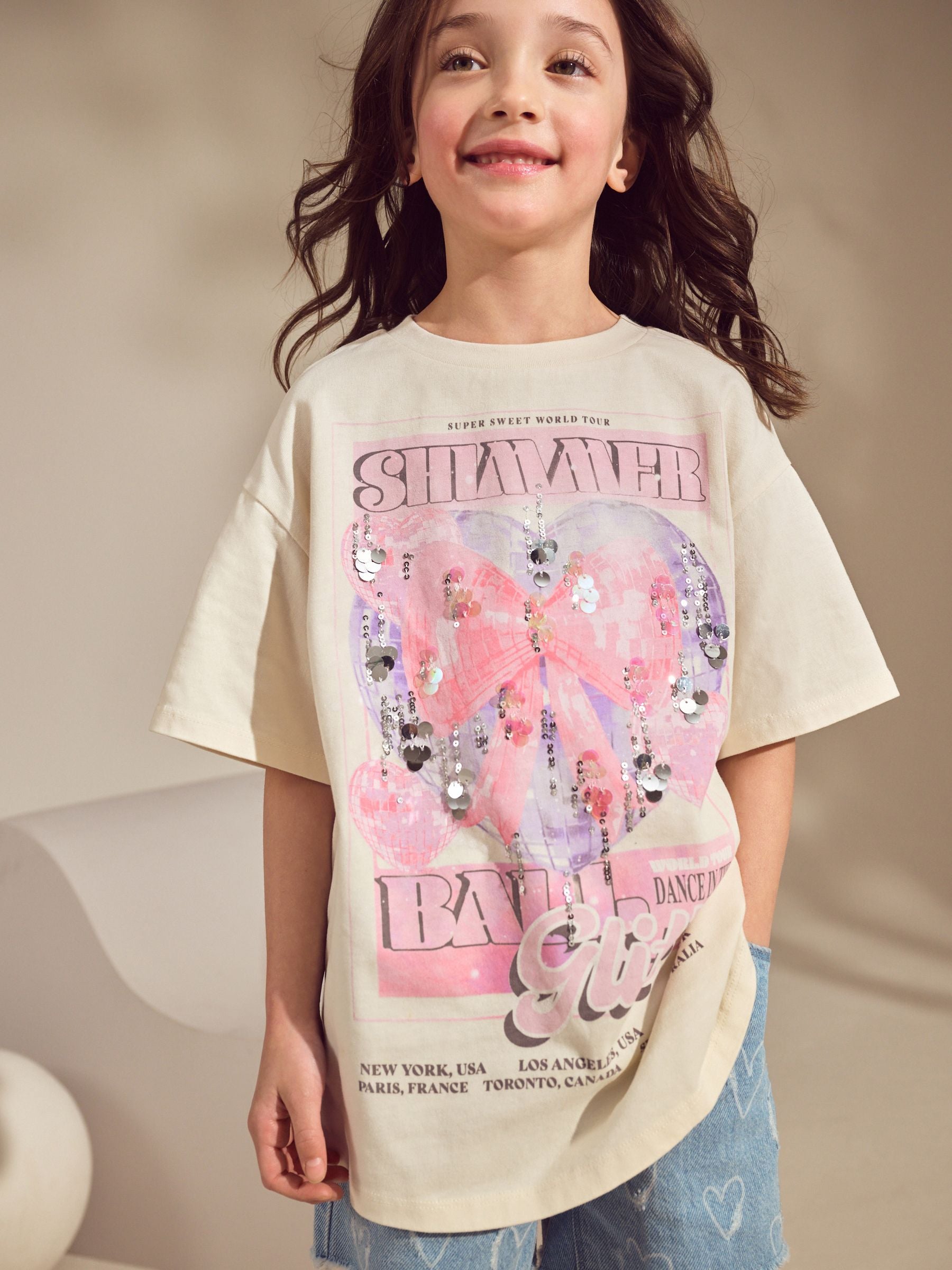 Ecru White Oversized Sequin Graphic Print T-Shirt (3-16yrs)