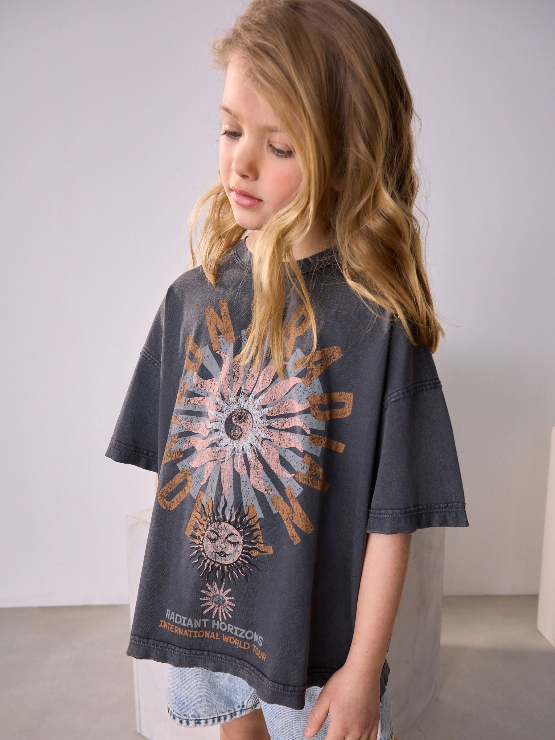 Grey Celestial Oversized Graphic Print T-Shirt (3-16yrs)