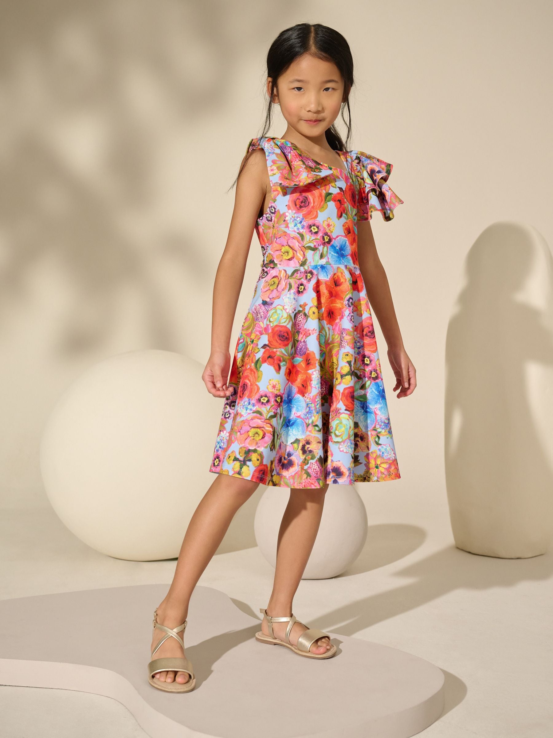 Blue Floral Print Shoulder Detail Summer Dress (1.5-16yrs)