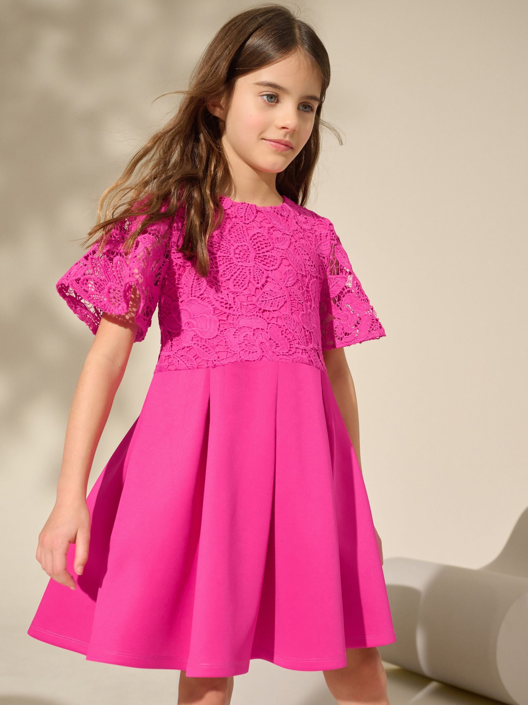 Magenta Pink Lace Scuba Dress (3-16yrs)
