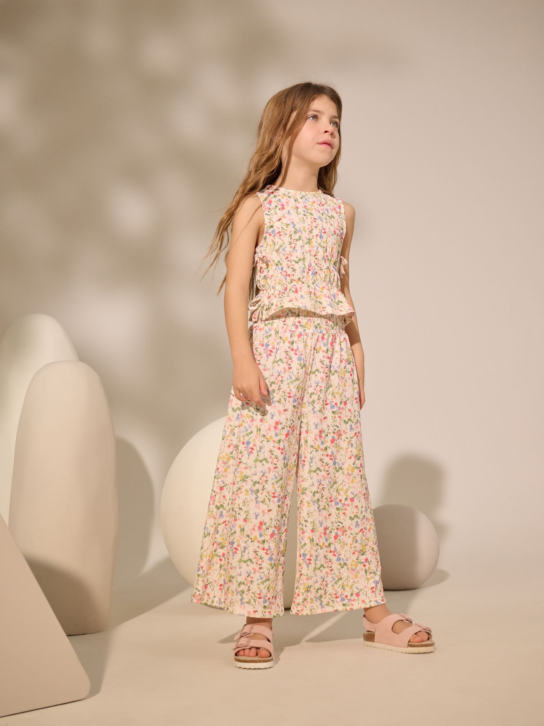 Ecru Floral Ditsy Top and Wide Leg Trousers Set (3-16yrs)