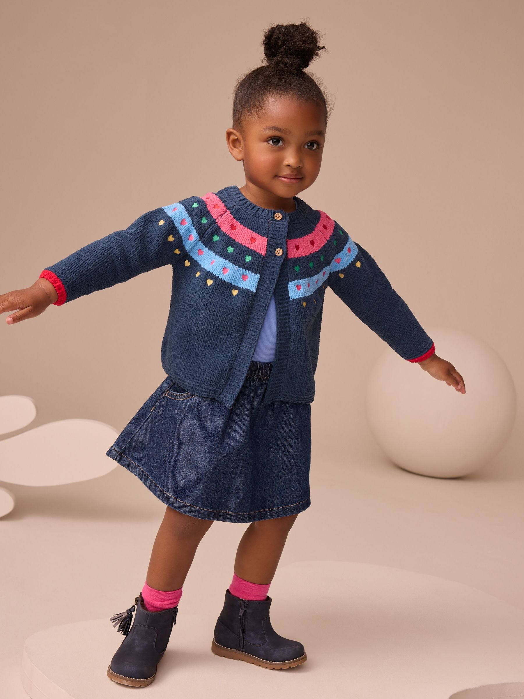 Navy Knitted Heart Print Cardigan (3mths-7yrs)