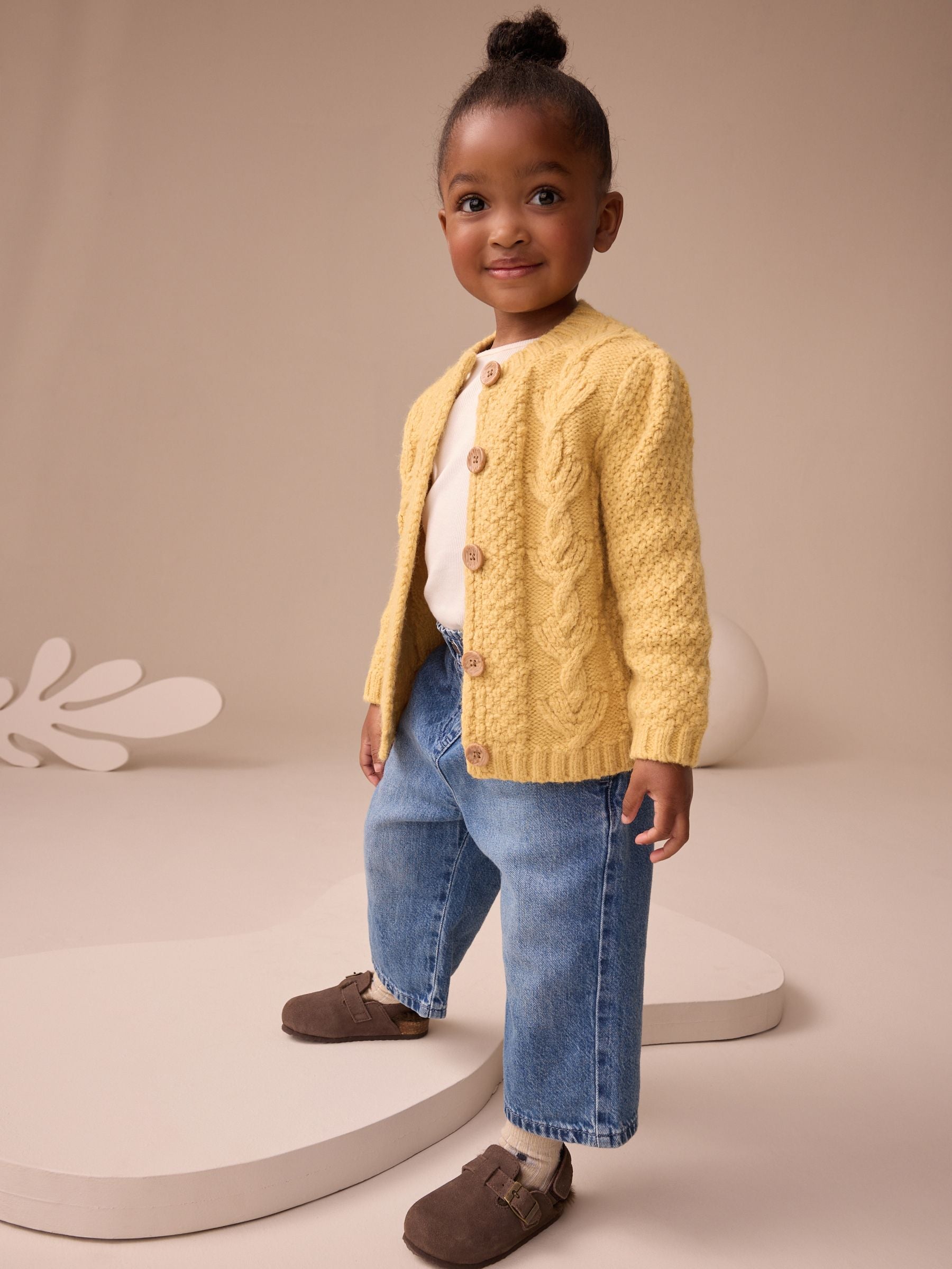Ochre Yellow Chunky Knit Bobble Cardigan (3mths-10yrs)