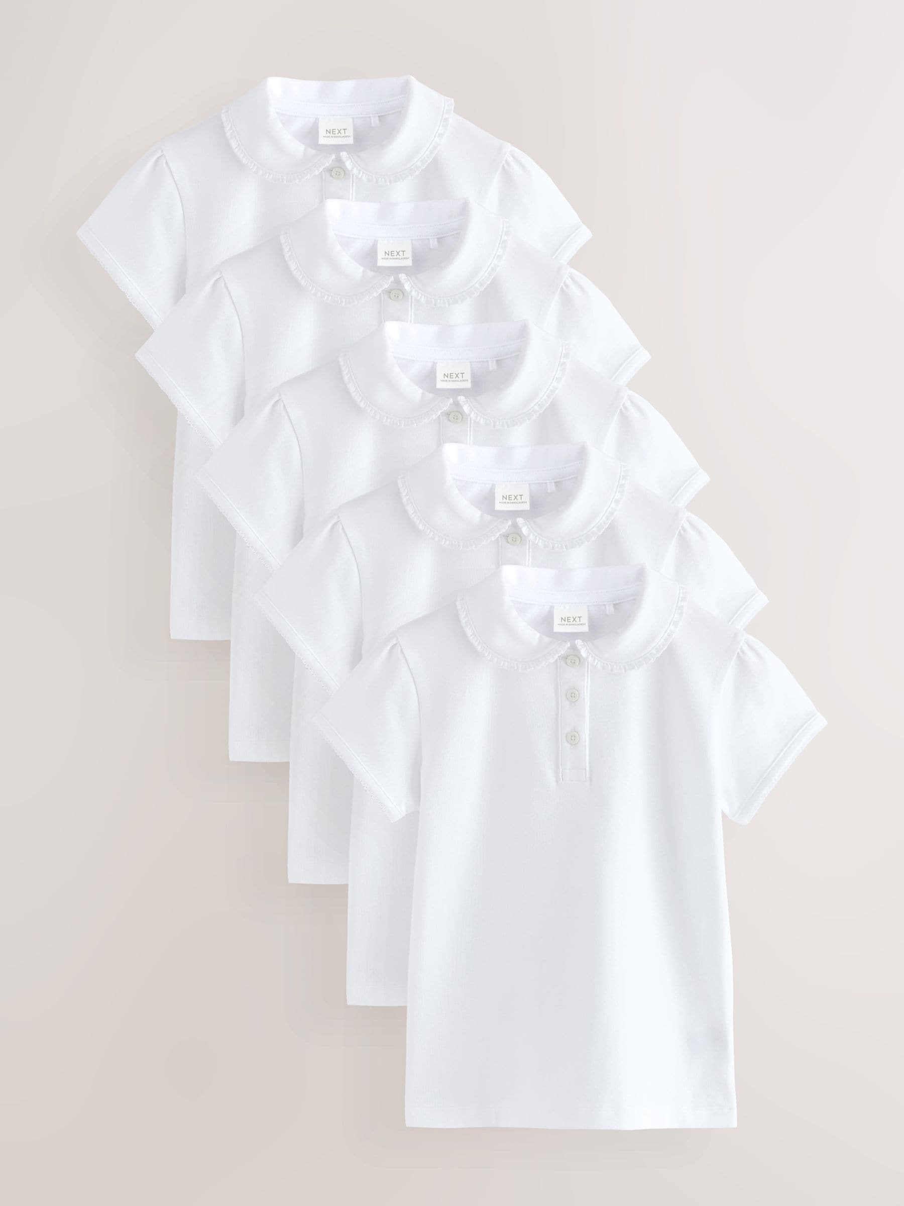White 5 Pack Cotton Stretch Frill Collar School Polo Tops (3-16yrs)