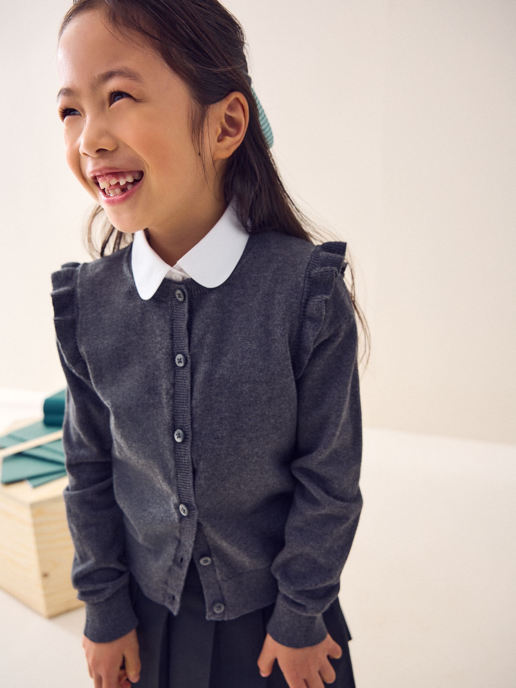 Grey Cotton Rich Frill Shoulder School Cardigan (3-16yrs)