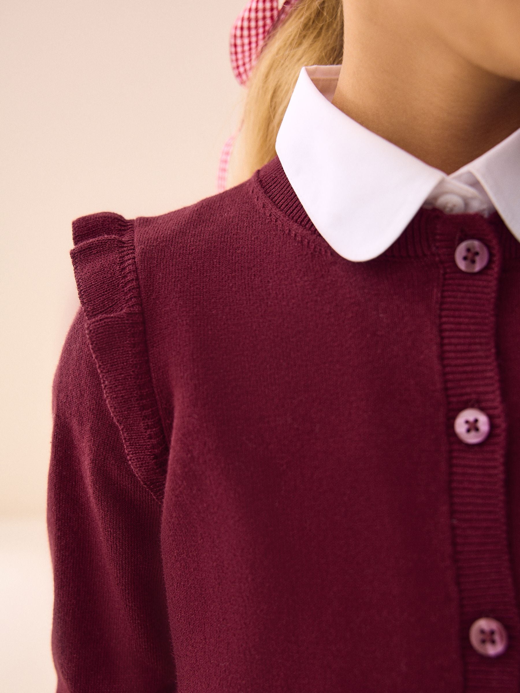 Burgundy Red Cotton Rich Frill Shoulder School Cardigan (3-16yrs)