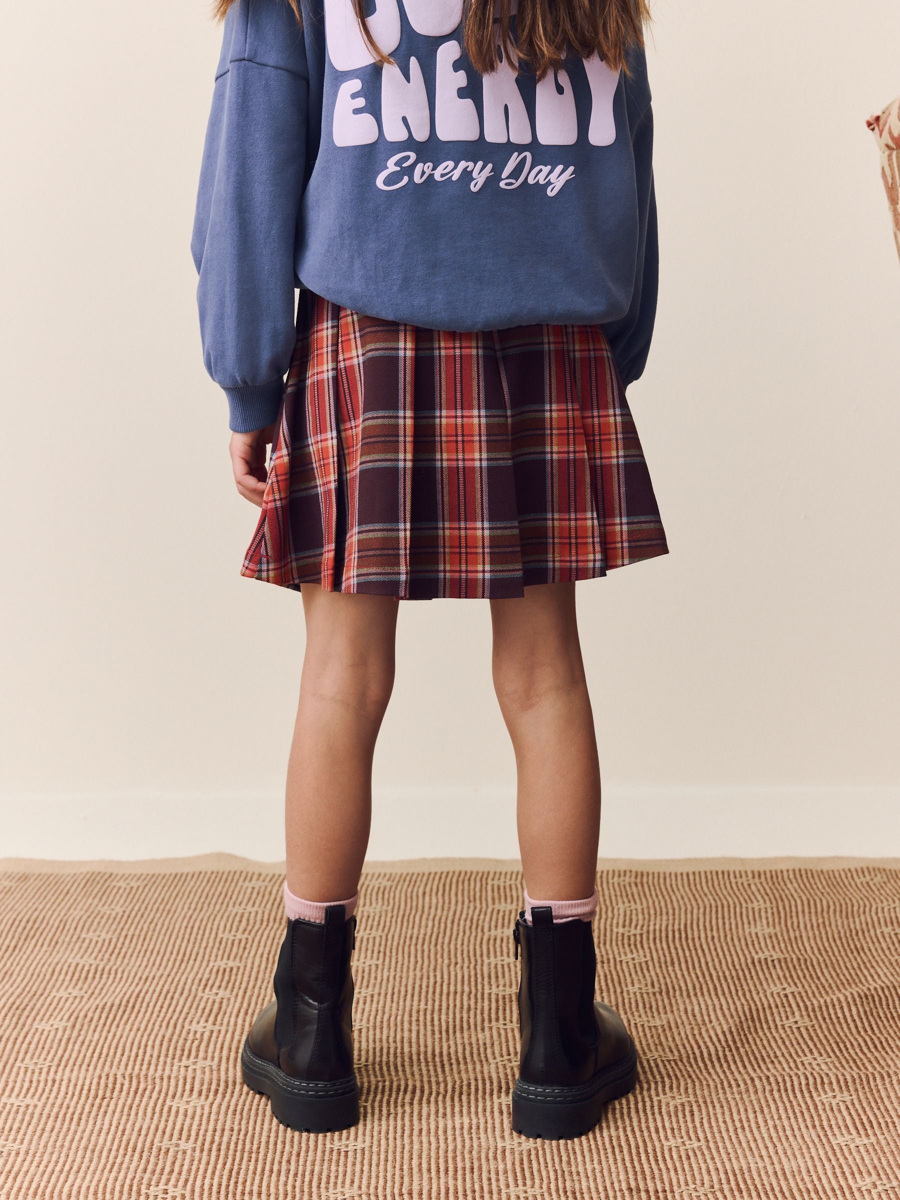 Burgundy Red Pleated Check Skirt (3-16yrs)