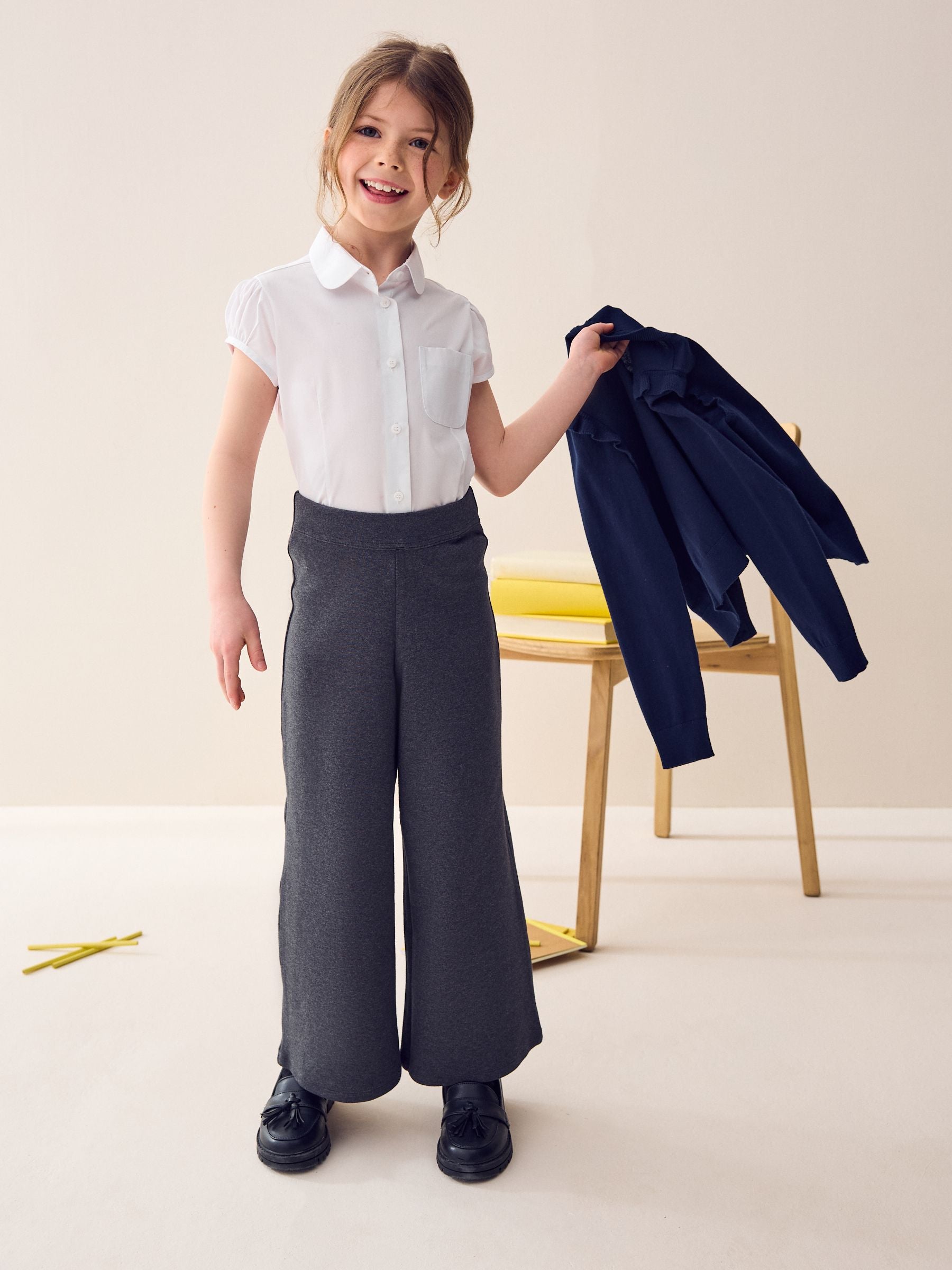 Grey Pull-On Cotton Rich Jersey Stretch Wide Leg Trousers (3-17yrs)