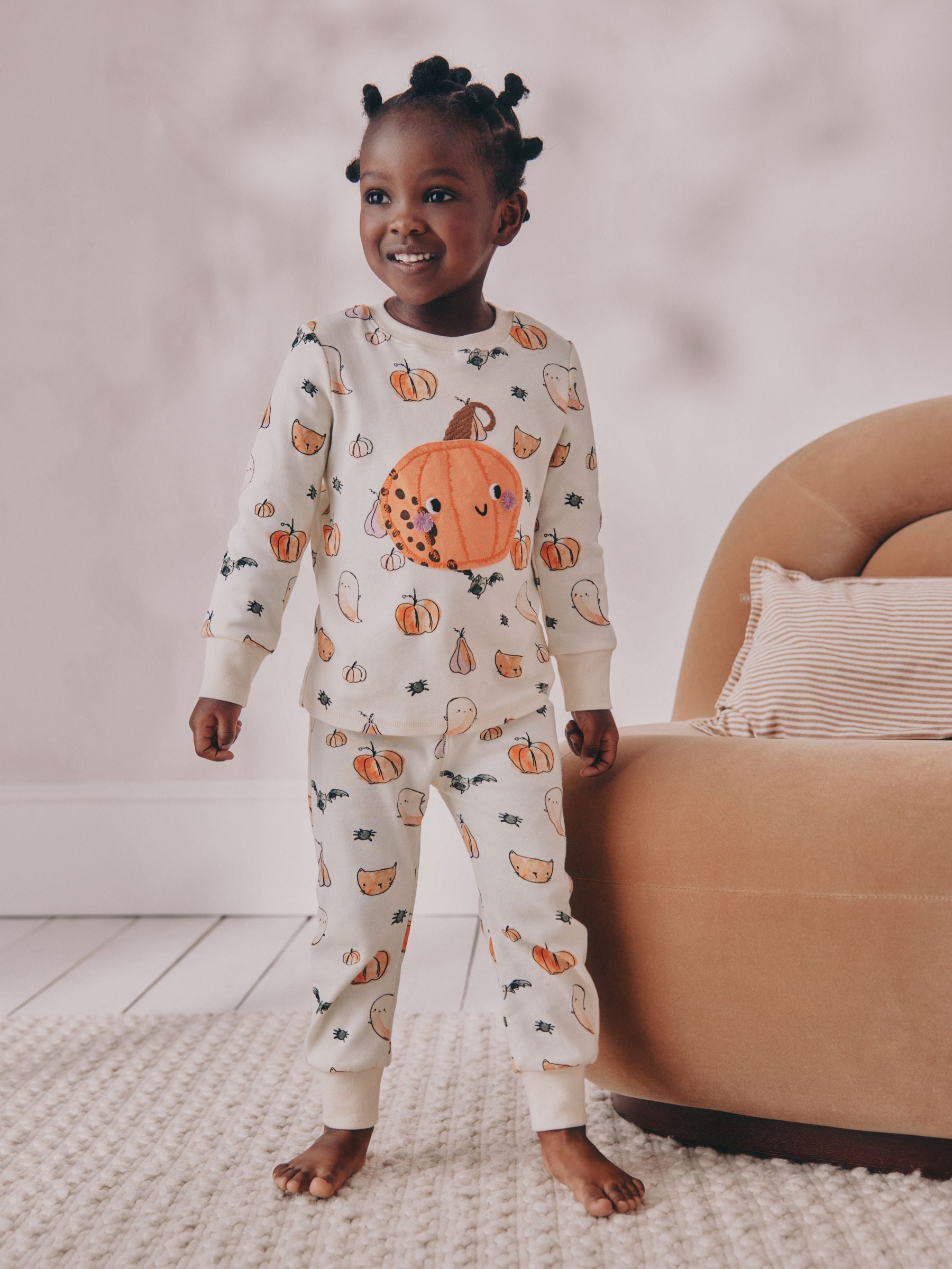 Ecru White Pumpkin Print Halloween Snuggle Pyjamas (9mths-12yrs)