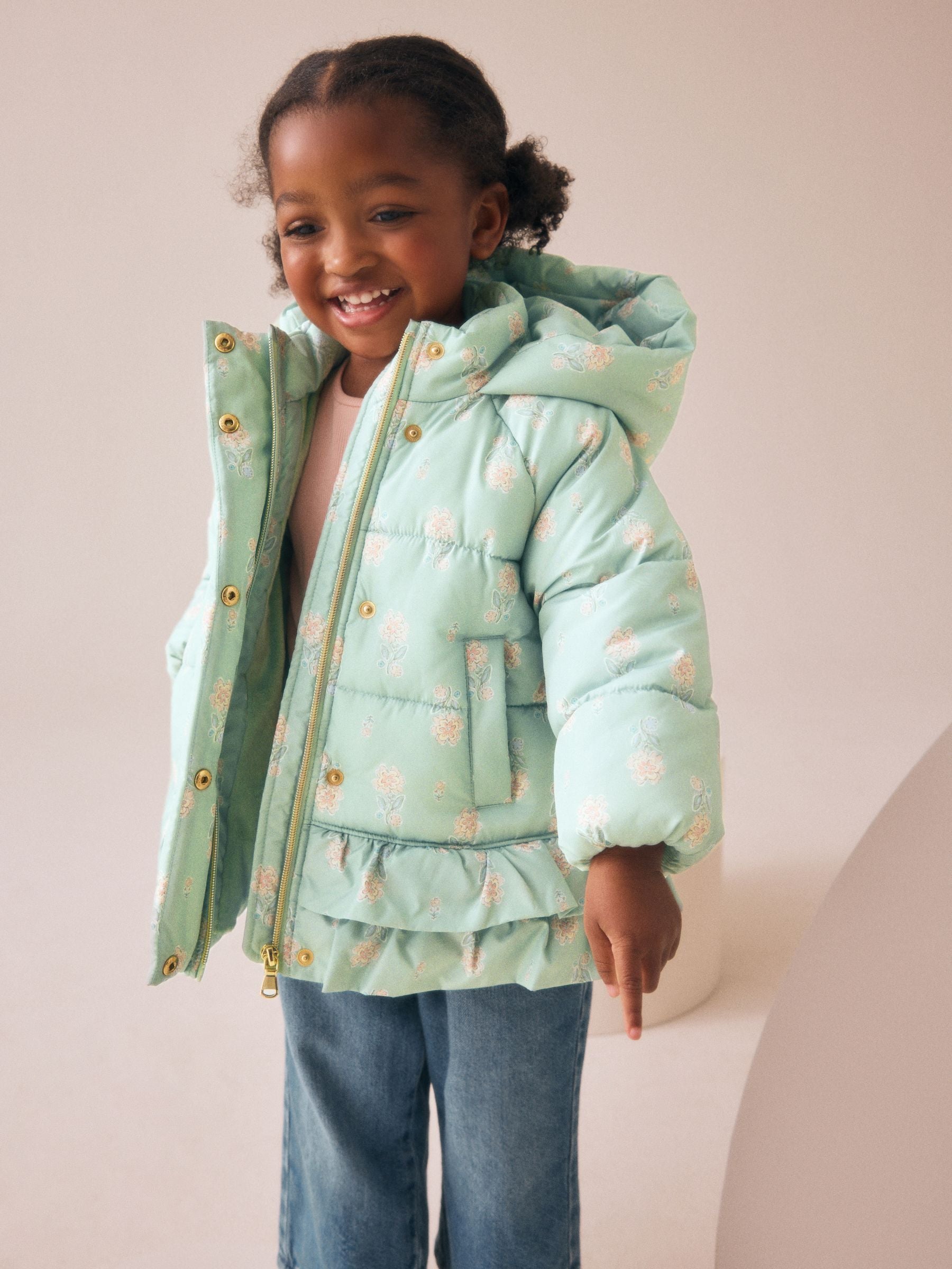 Sage Green Shower Resistant Padded Coat With Frill Hem (3mths-7yrs)