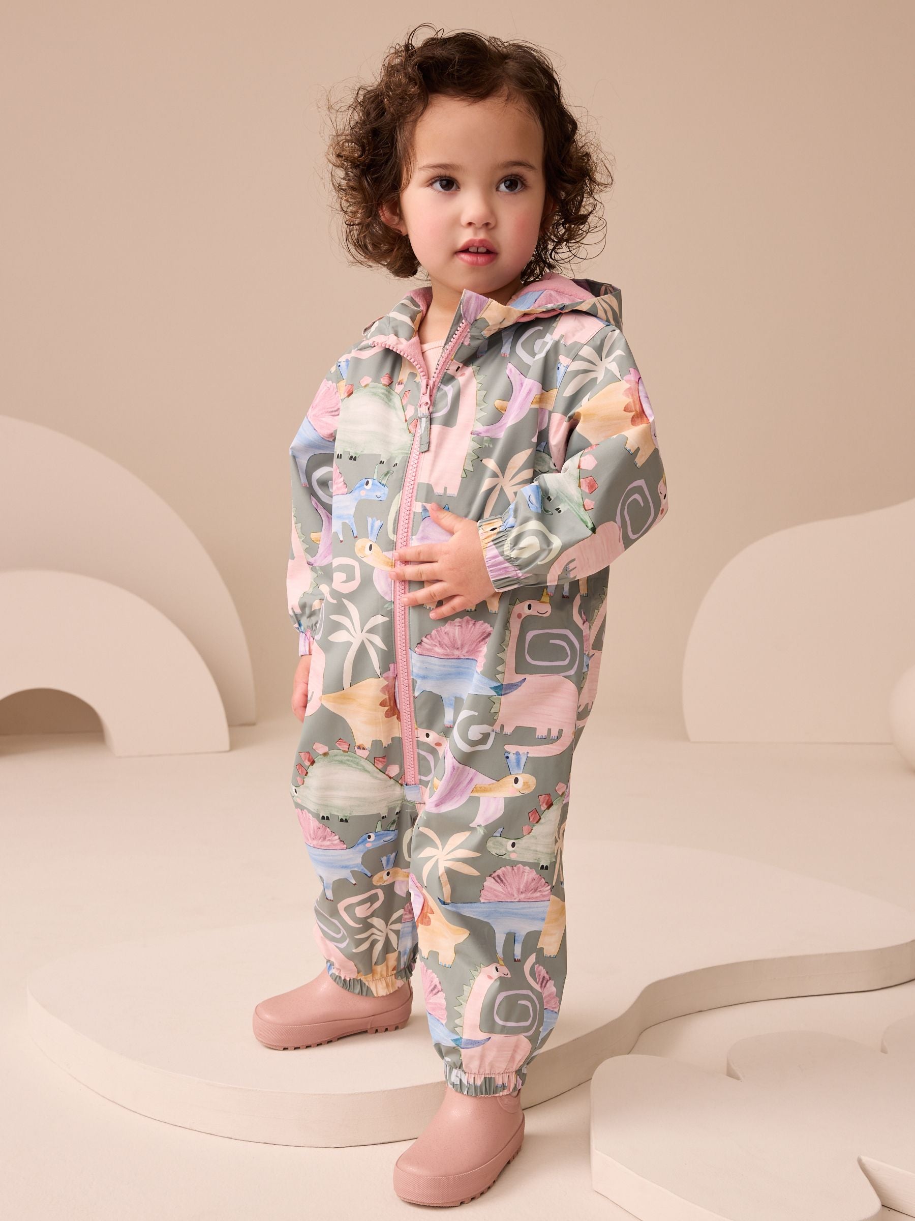 Khaki Dino Character Waterproof Printed Puddlesuit (3mths-7yrs)