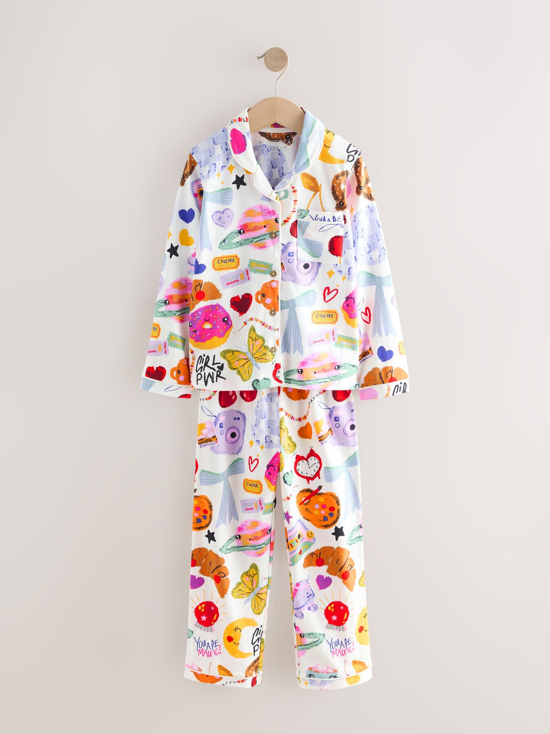 Ecru White Food Print Button Through Pyjamas (3-16yrs)
