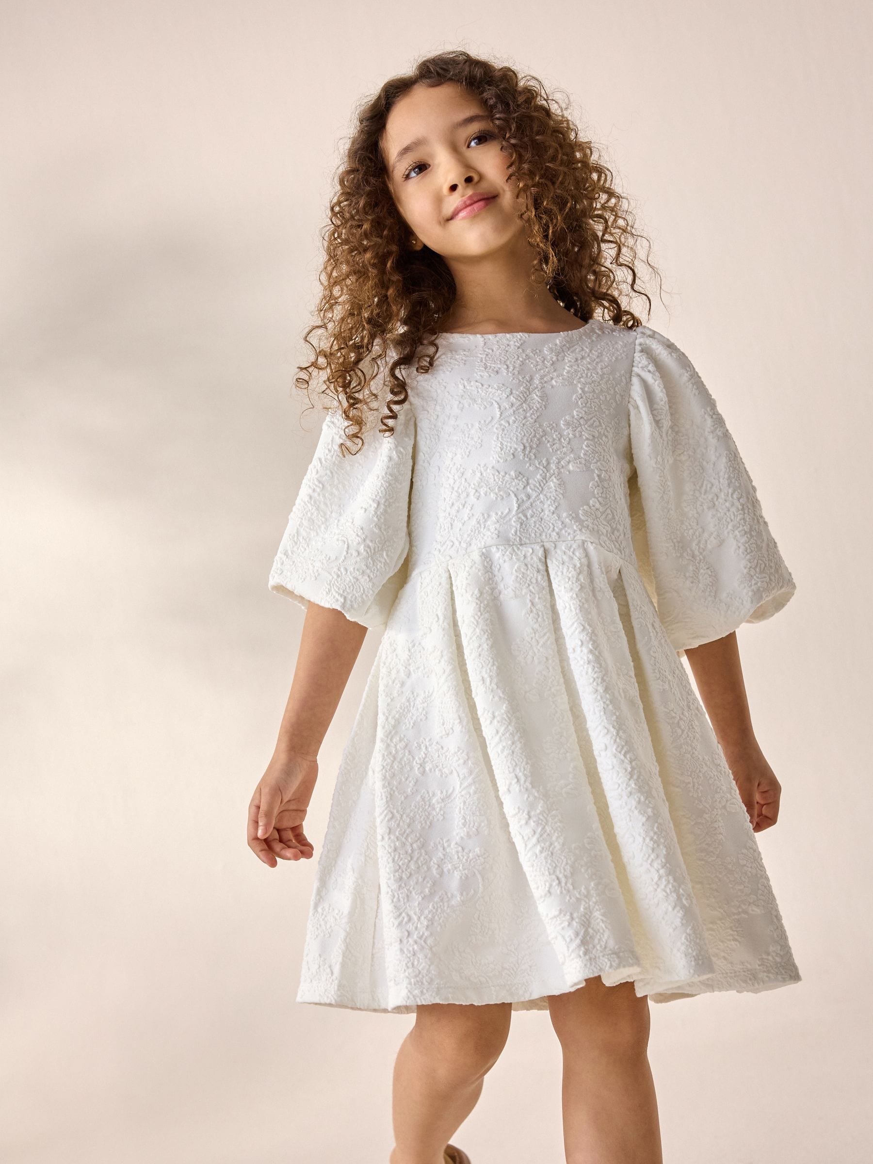 Cream Textured Puff Sleeve Occasion Dress (3-16yrs)