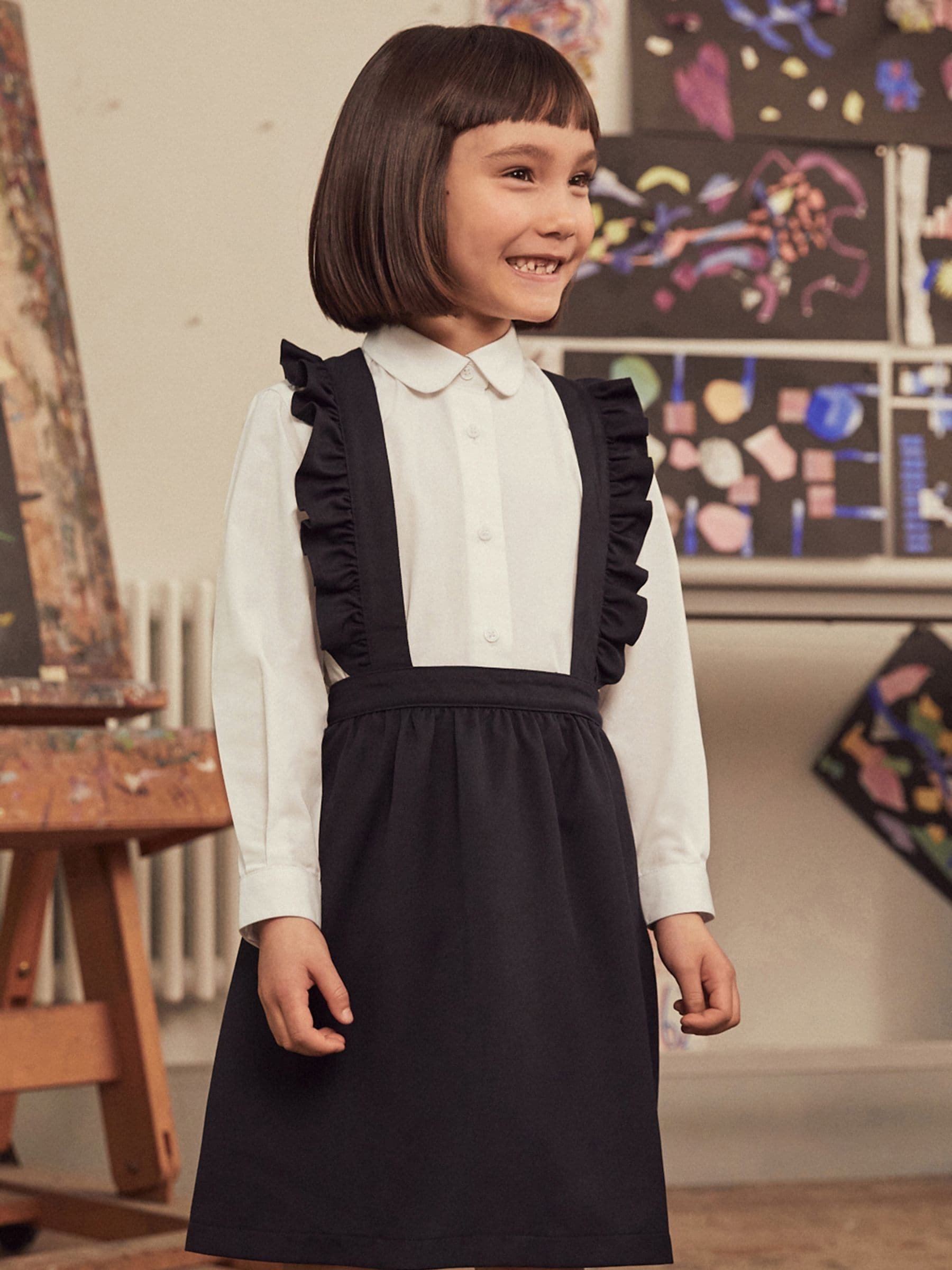 Navy Blue/White Ruffle School Pinafore And Long Sleeve Shirt Set (3-14yrs)