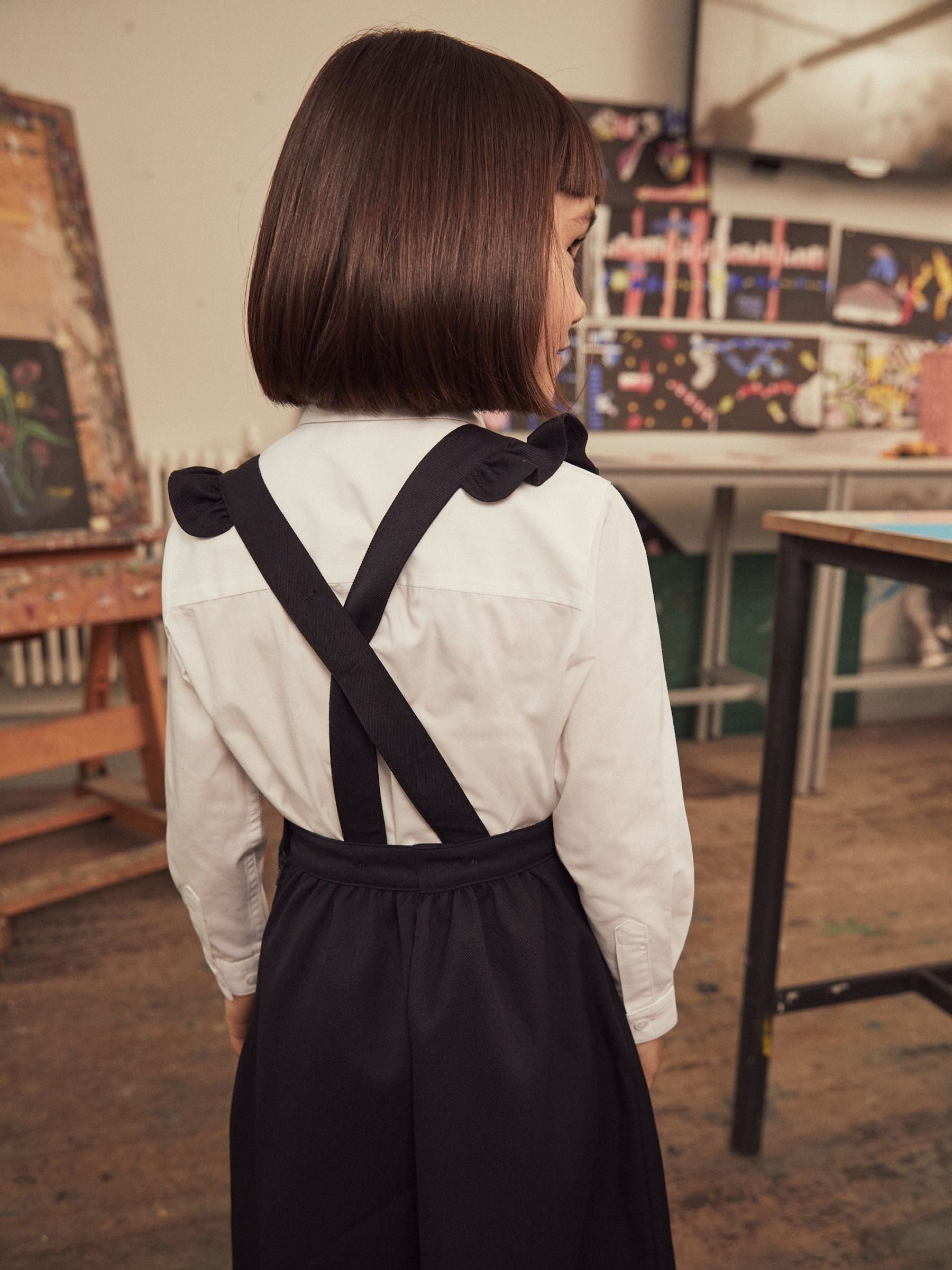 Navy Blue/White Ruffle School Pinafore And Long Sleeve Shirt Set (3-14yrs)