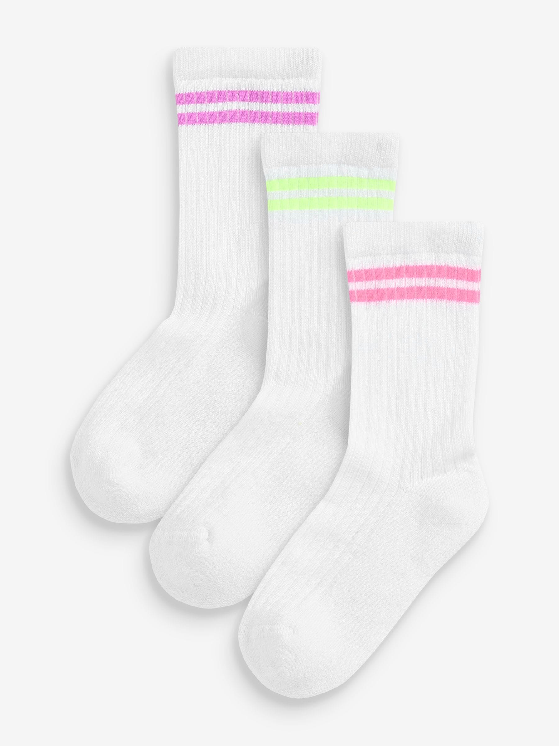 White with fluorescent stripe Regular Length 3 Pack Cotton Rich Cushioned Sole Ankle Socks